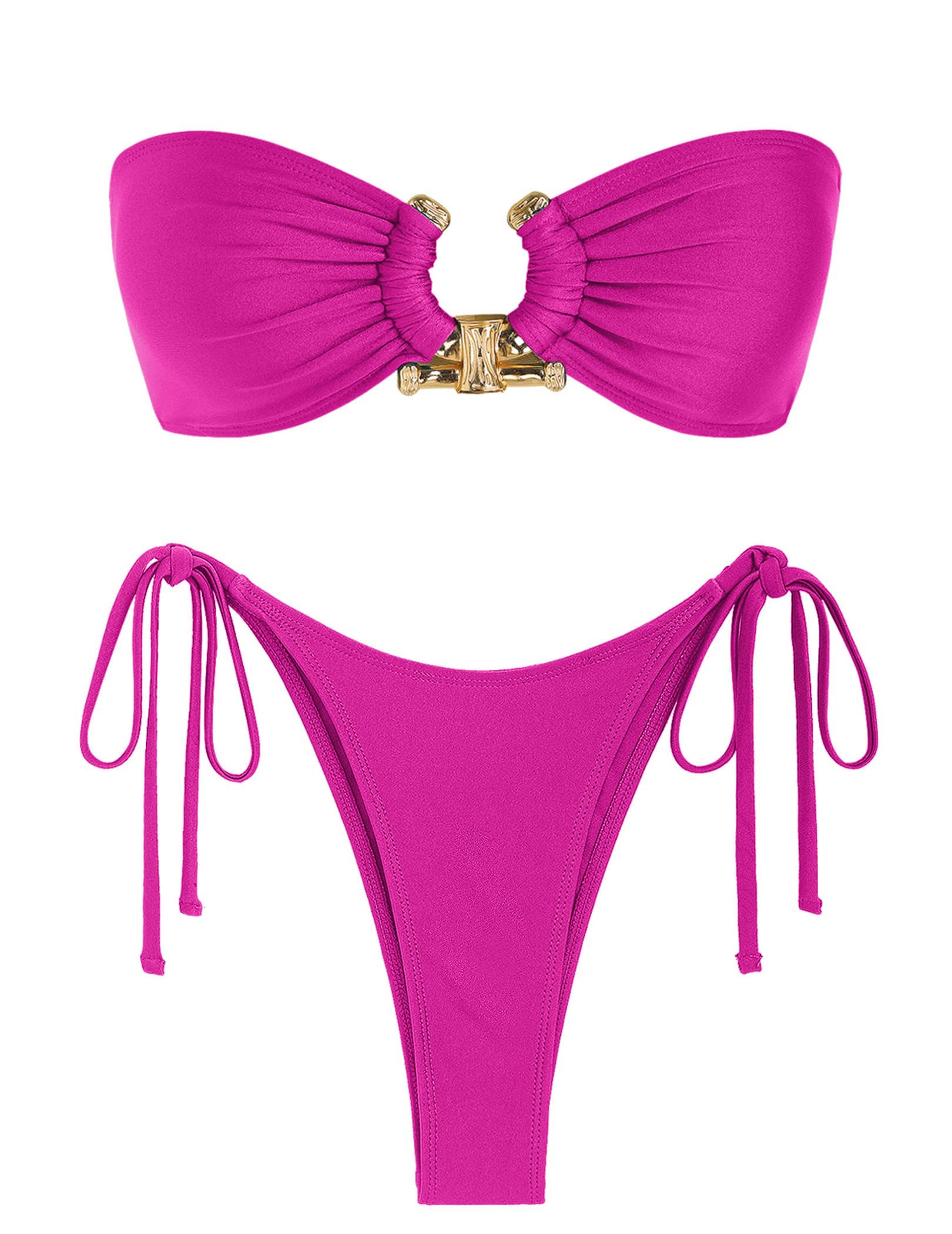 ZAFUL Metal Ring Bandeau Bikini Set, High Cut Side Tie, Silky Hot Pink, S