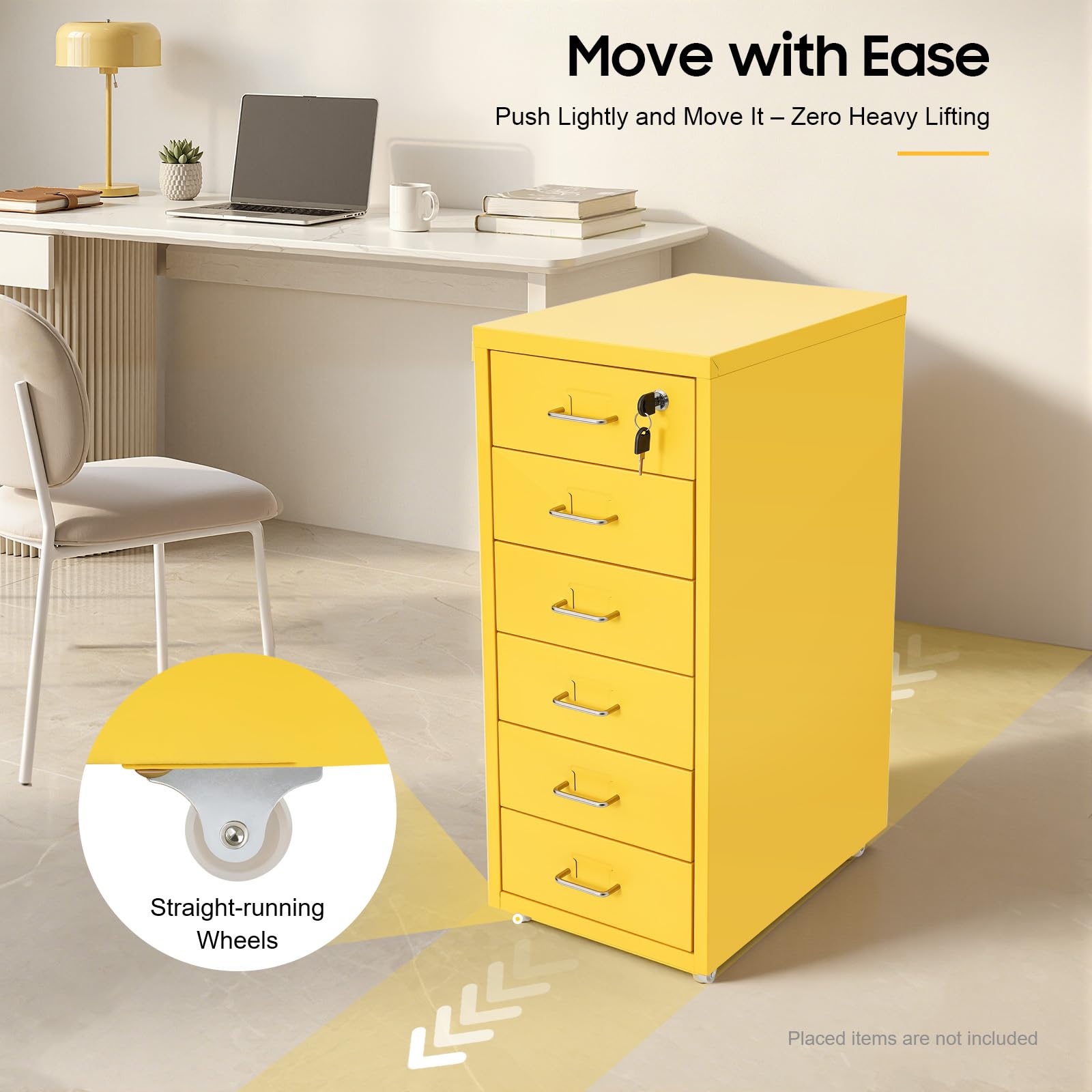 Cassettiera con 6 cassetti in metallo richiudibile (giallo), 28 x 41 x 69 cm, superficie liscia, armadietto mobile, molto spazio, per ufficio, casa, scuola