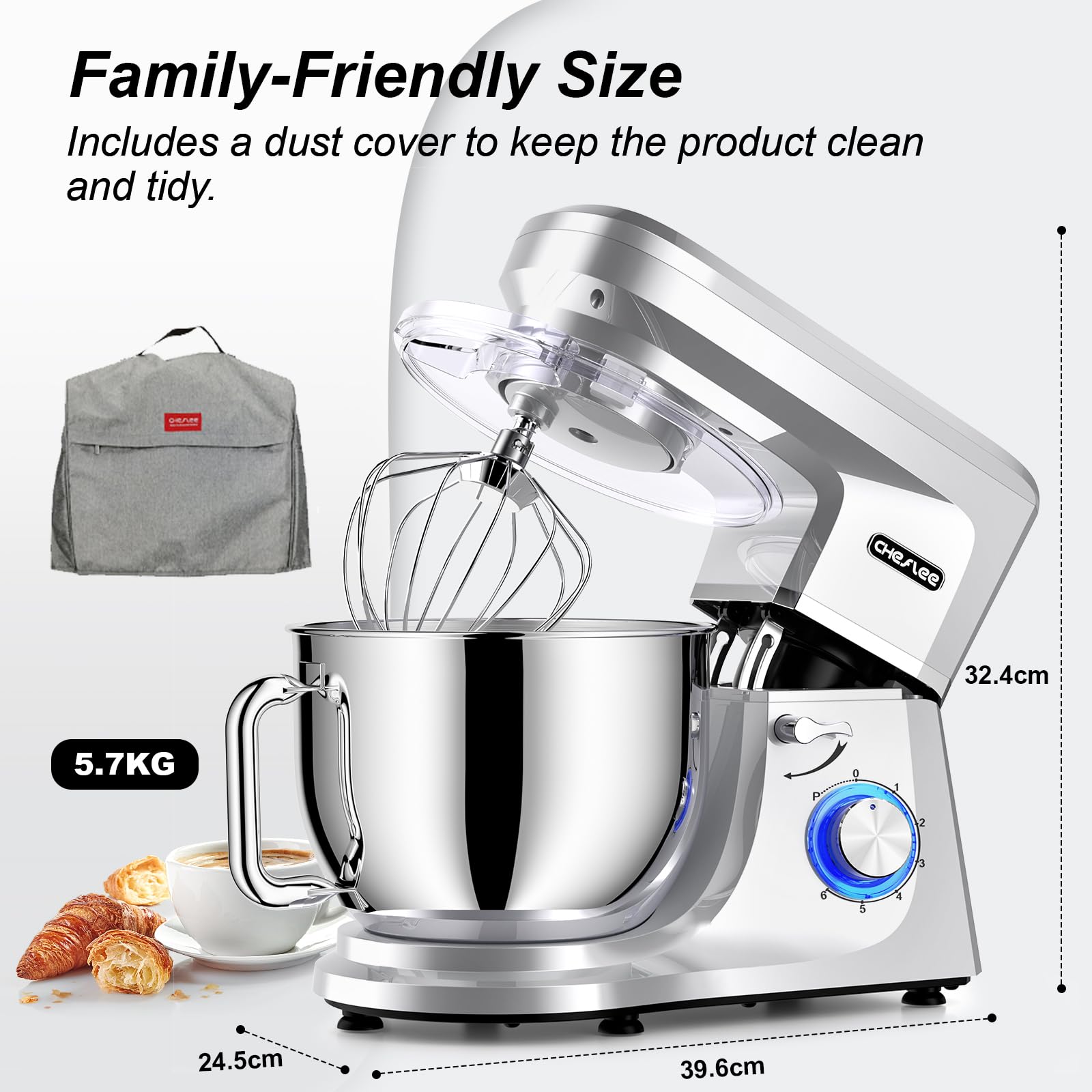 CHeflee Küchenmaschine,2000W Leistungsstarke Knetmaschine, mit Knet-und Rührfunktion 6 Geschwindigkeiten Geräuscharme Teigknetmaschine 8 L Edelstahlschüssel Knethaken & Schneebesen Staubschutzhülle