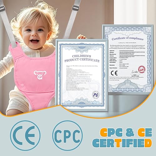 Miniatura 7 de Saltador de bebé con soporte, jerséis y gorilas, ejercitador para bebés de 6 a 24 meses, fácil de montar y almacenar para bebé (rosa)