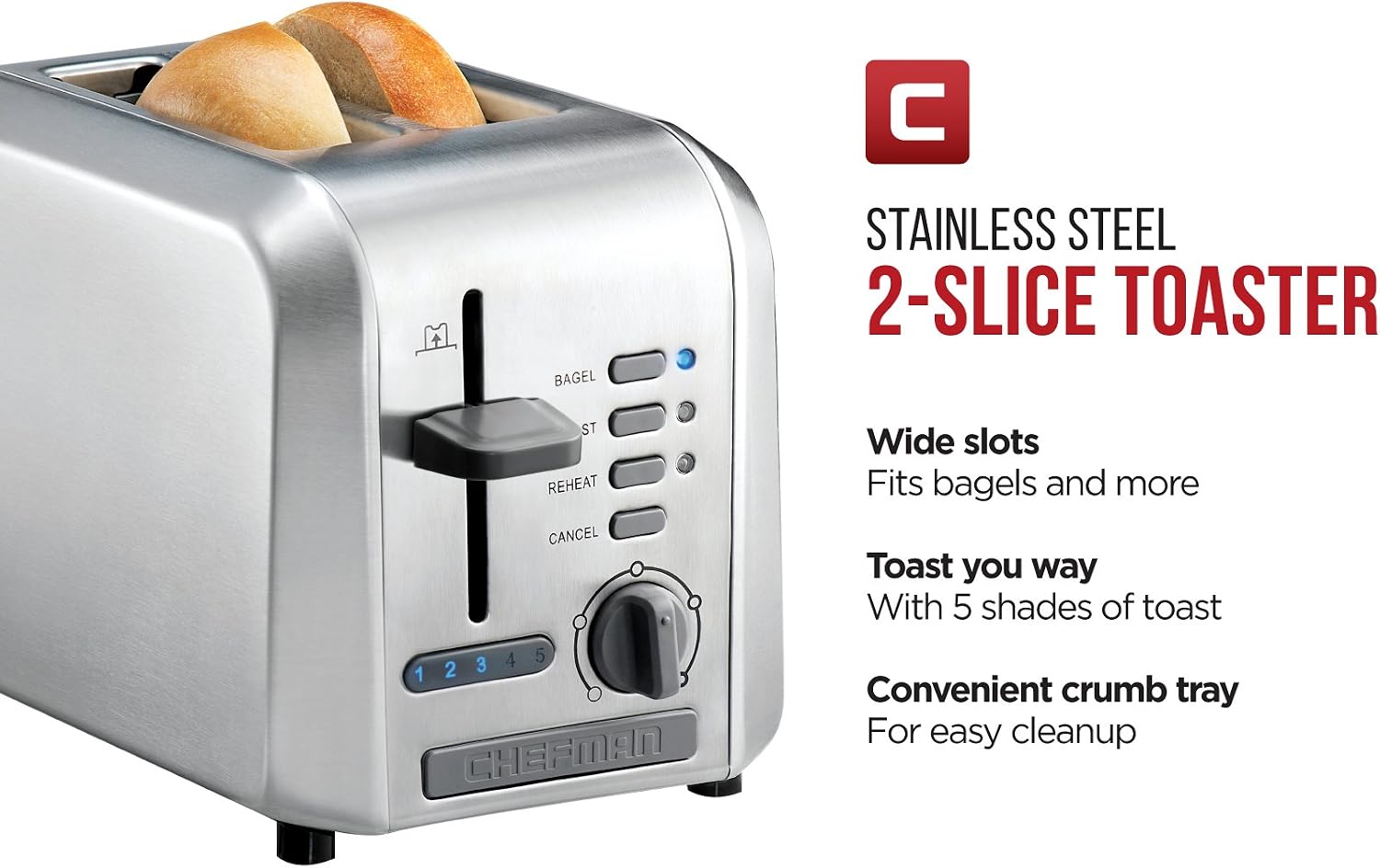 Chefman Stainless Steel 2-Slice Wide Slot Toaster w/Bagel, Defrost, and 5 Shade Settings Quickly Toasts Muffins, Bagels, Bread and More