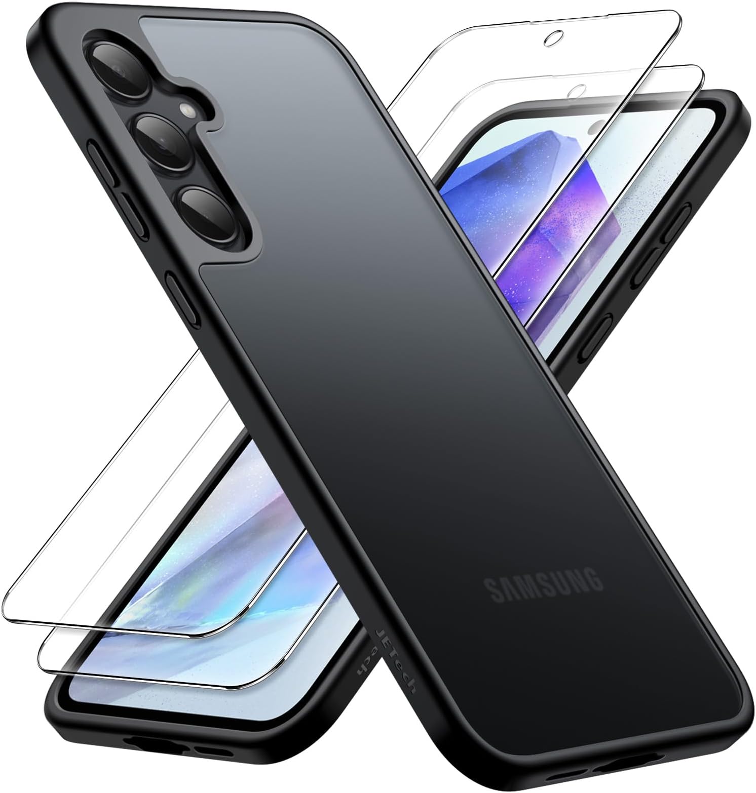 JETech 3 in 1 Matte Case for Samsung Galaxy A55 5G with 2-Pack Tempered Glass Screen Protector, Translucent Frosted Shockproof Phone Cover with Camera Protection (Black)