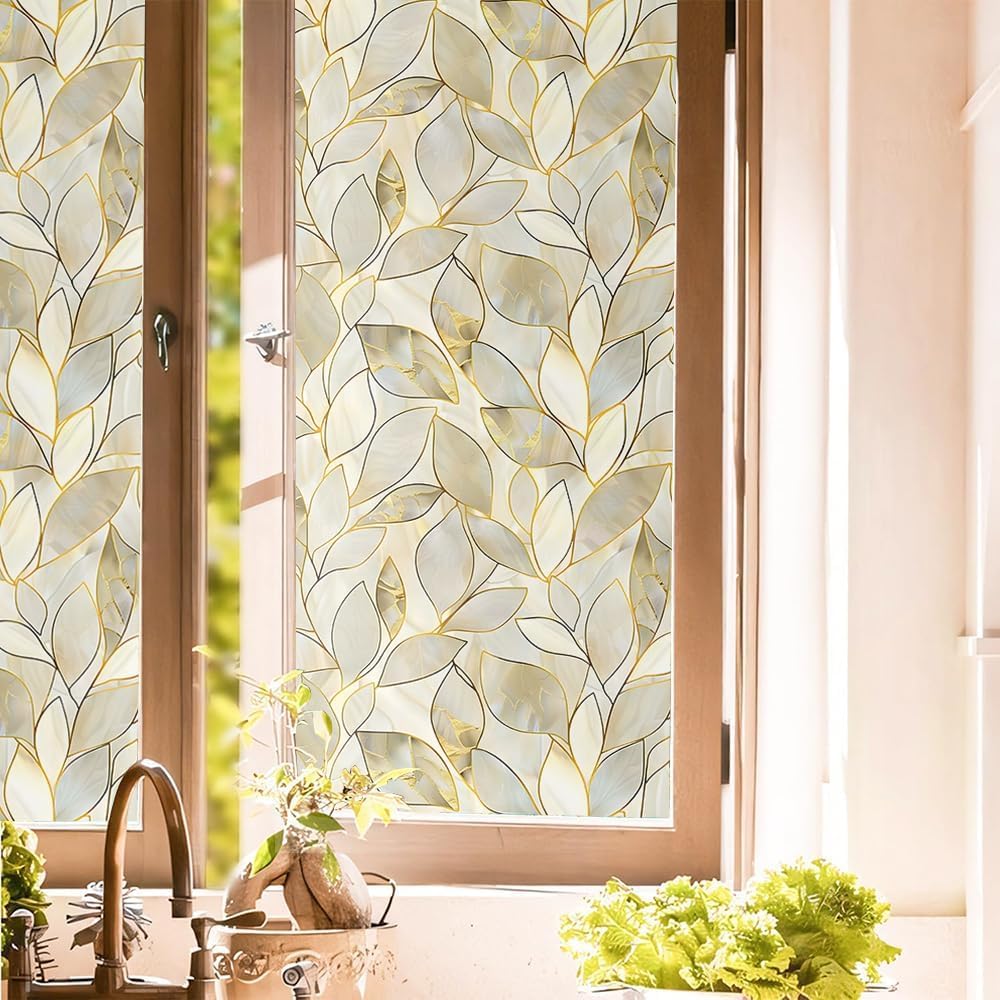 Vintage Yellow Golden Pale Leaf Elegant Stained Glass Window Privacy Films Decorative Double-Side Privacy Film Self-Adhesive Static Window Clings Stickers for Living Room Bathroom Glass Windows Decor