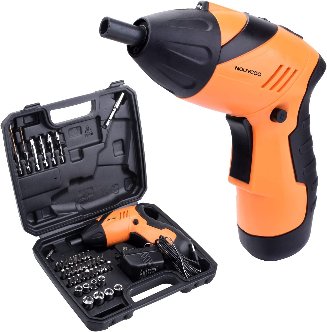 NOUVCOO 45 in 1 Portable Electric Cordless Rechargeable Screwdriver kit,4.8V Cordless Drill Power Tools with Led&43pcs Screws Sleeves and Drill Bits with case NC09