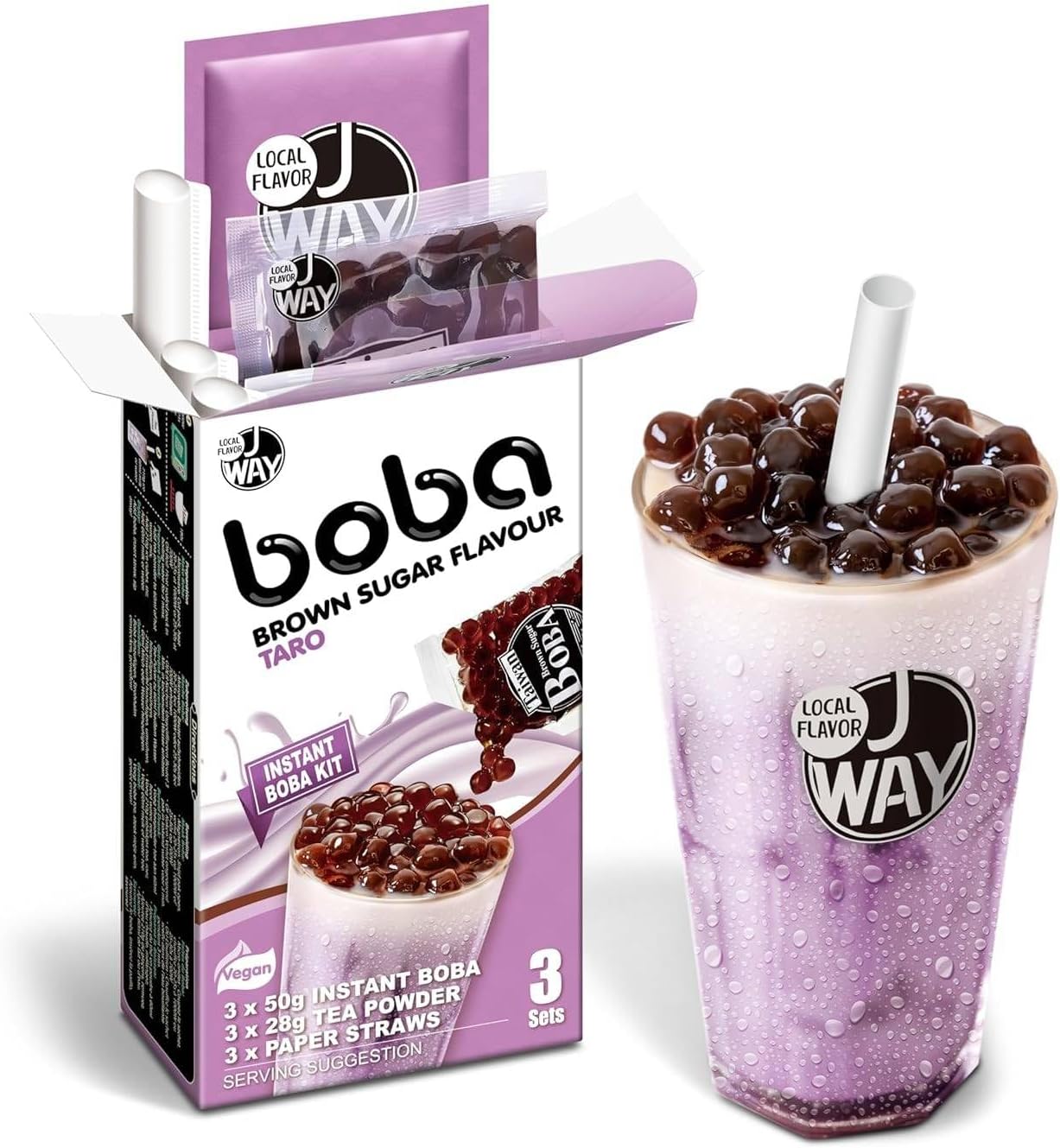 J WAY Instant Boba Bubble Pearl Taro Milk Tea Kit with Authentic Brown Sugar Tapioca Boba, Ready in Under One Minute, Paper Straws Included - 3 Servings