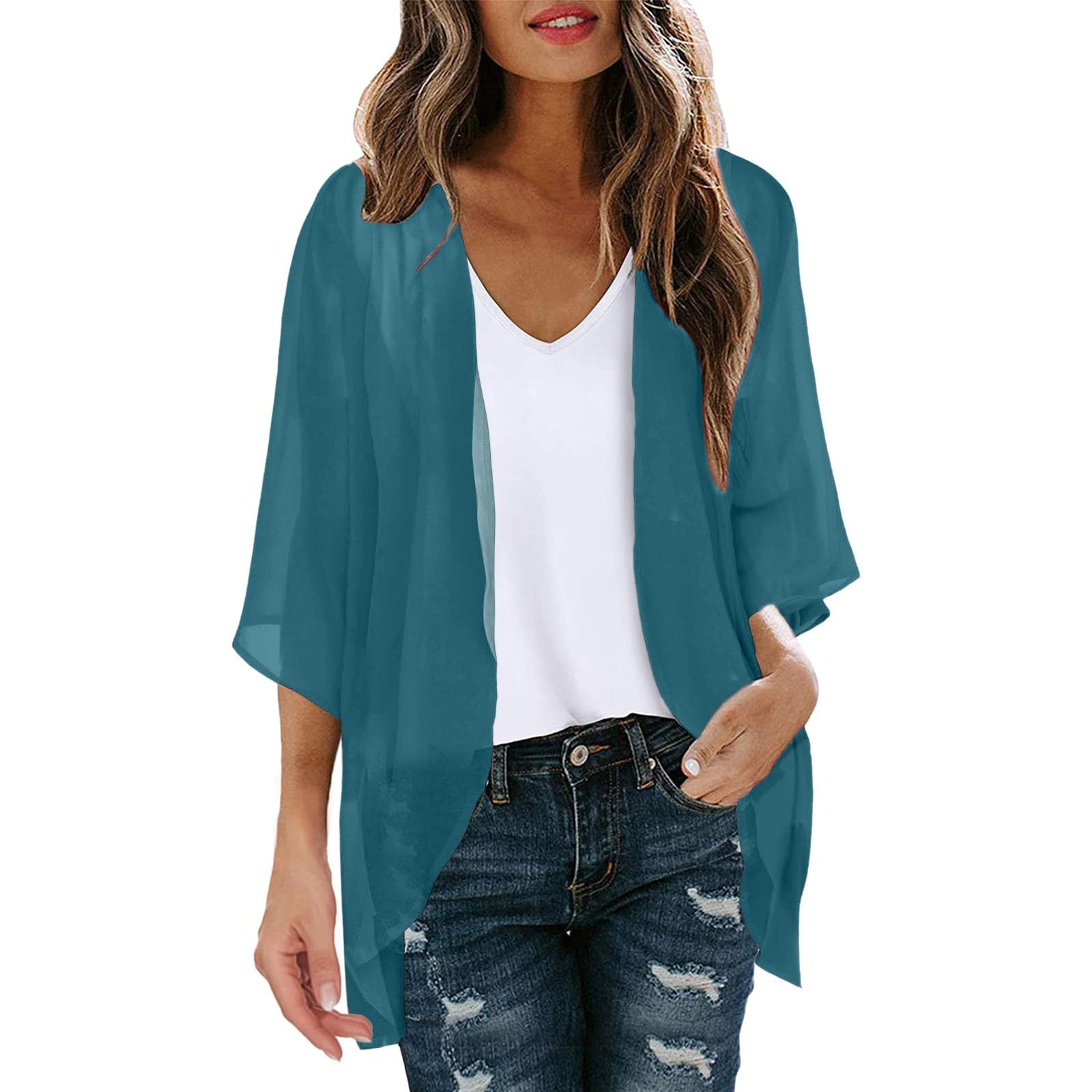 KBOPLEMQ Blusa para mujer, camisa de manga corta, blusa informal, elegante, para oficina, negocios, verano, pareos, blusa suelta, playa, frente abierto, chaqueta para verano, bolero, gasa, verano, cárdigan de