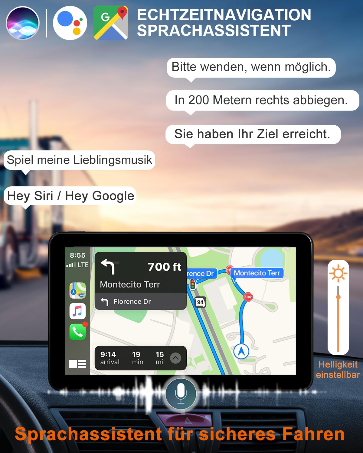 Tragbare CarPlay Display, Wireless Android Auto Monitor, IPS Touchscreen Bildschirm mit Rückfahrkamera, Bluetooth-Freisprecheinrichtung, Siri, Sprachassistent, GPS Navigation, MirrorLink, FM (7 Zoll)