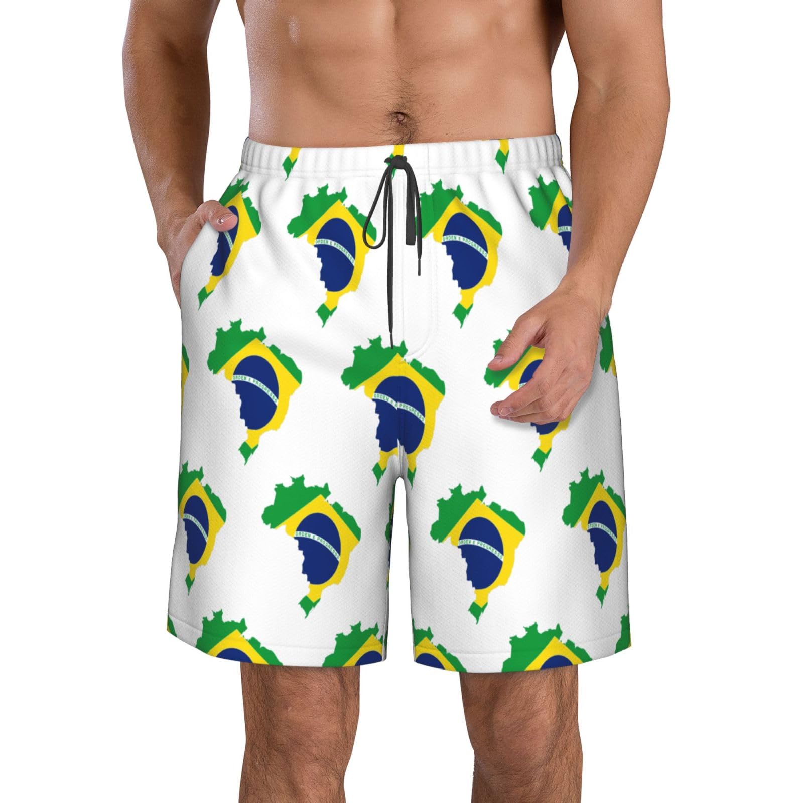 Oudrspo Men's Flag Of Brazil Map 2 Swim Trunks Quick Dry Flag Of Brazil Map Beach Board Shorts Swimwear Bathing Suits
