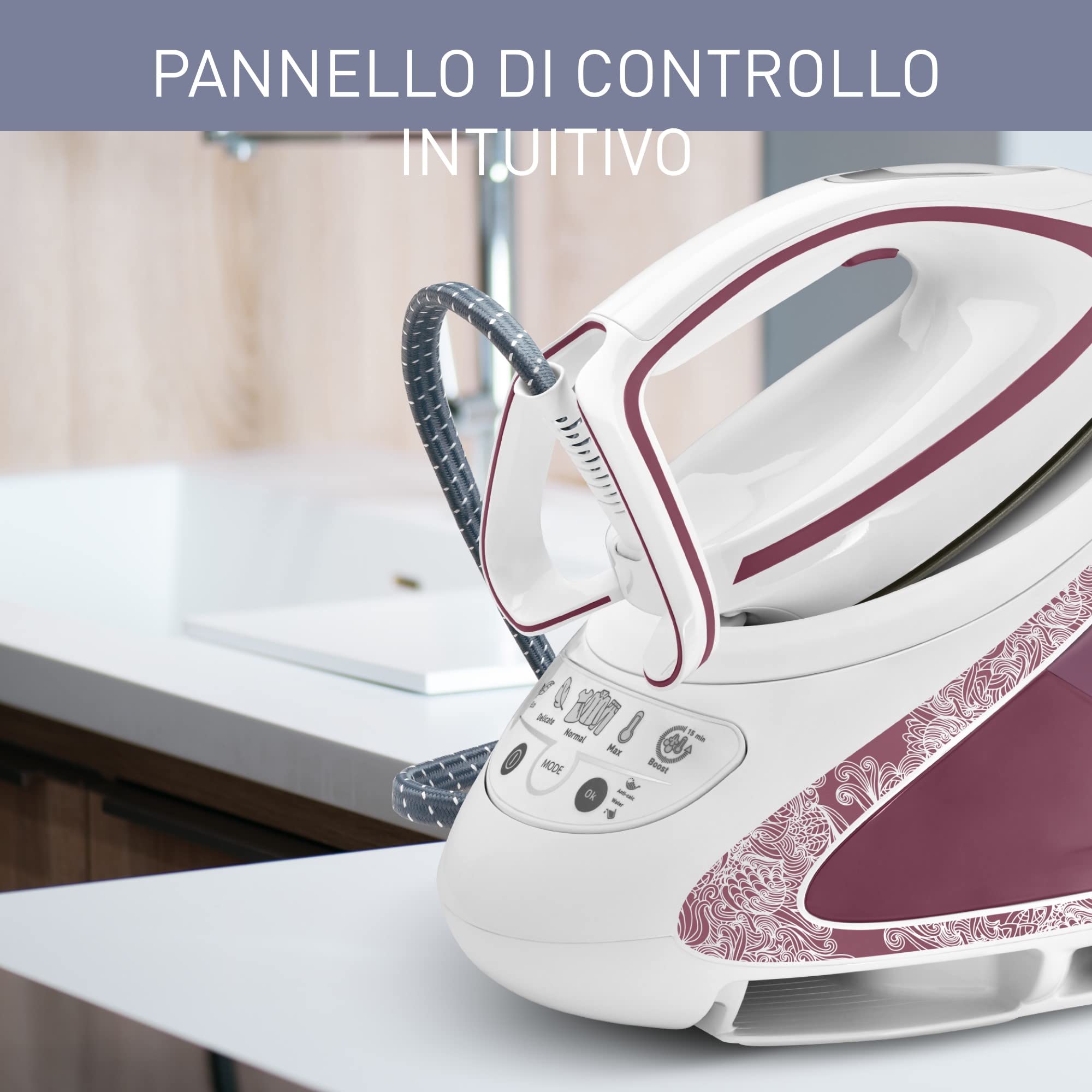 Tefal GV9560C0 Pro Express Ultimate Ferro da Stiro a vapore, Getto di Vapore Fino a 490 g/minuto, Emissione di Vapore fino a 140 g/minuto, Pannello di Controllo con 5 Preimpostazioni, Bordeaux