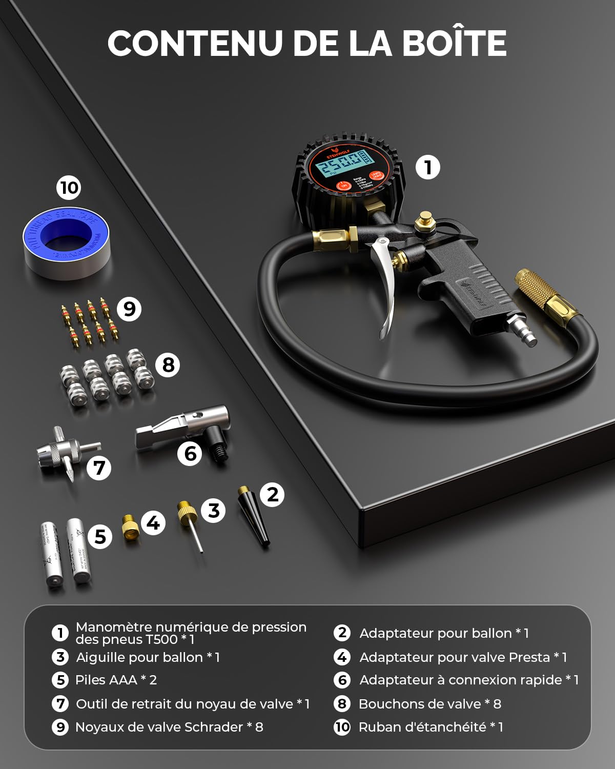 ETENWOLF T500 Manometre Pression Pneu Gonfleur Pneu, Manomètre Numérique de Pression 0-250 PSI, Pistolet de Gonflage, Embout de Gonflage et Accessoires pour Compresseur avec Sac de Rangement