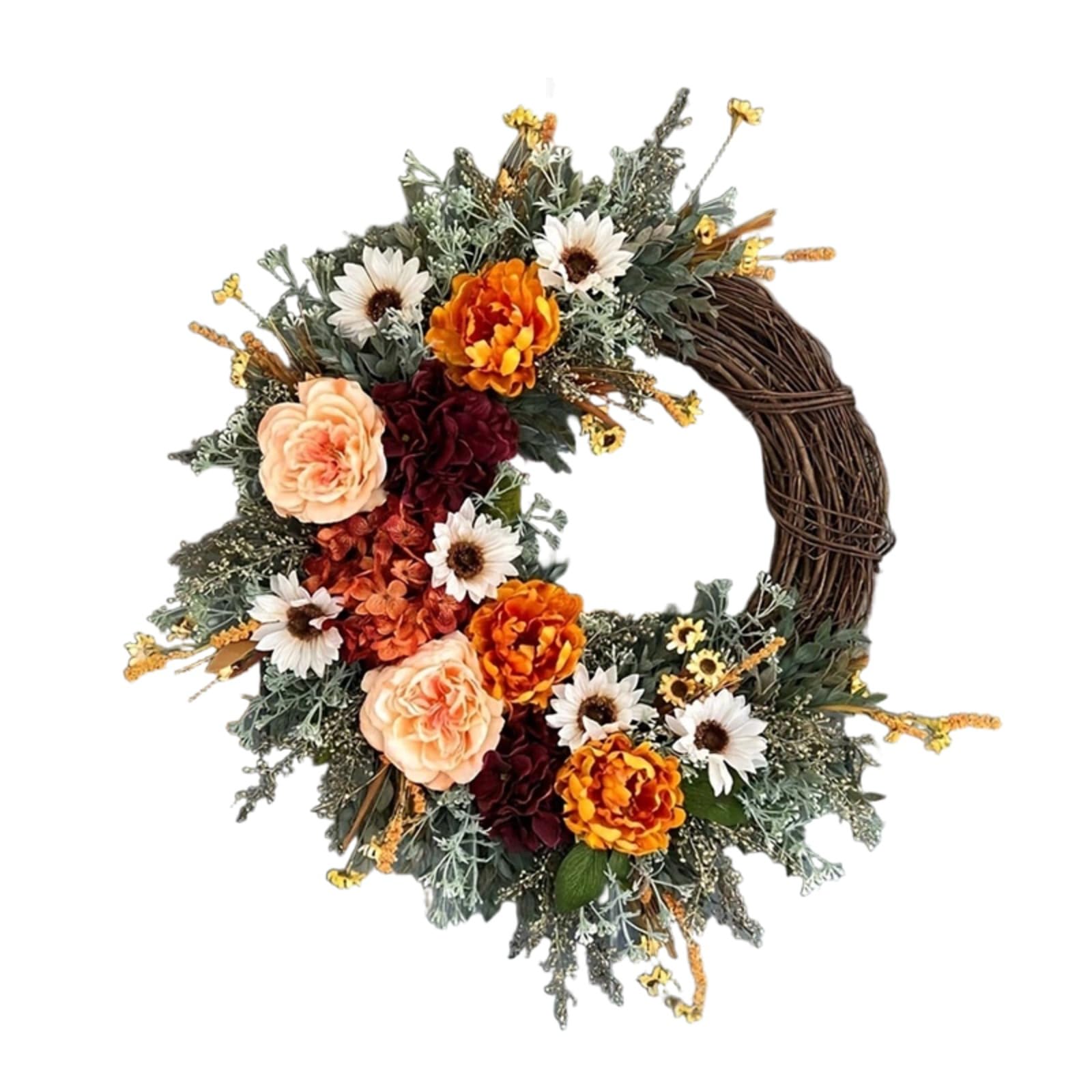 JORCEDI Artificial Wildflower Garland, Fall Peony, daisy Wreath,All-Year Wreath, Door Wildflowers Hanging Garland, for Front Door, Outdoor, Window, Wall, Garden, Wedding (30cm)