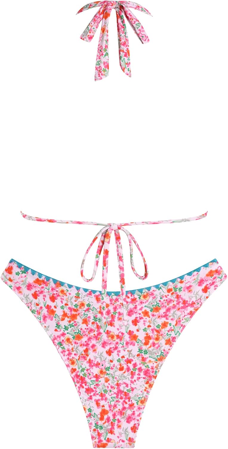 ZAFUL Bikini Sets for Women Halter Dual Straps Whip Stitch Floral Print Triangle 2 Pieces Bikini Swimsuits - Image 3