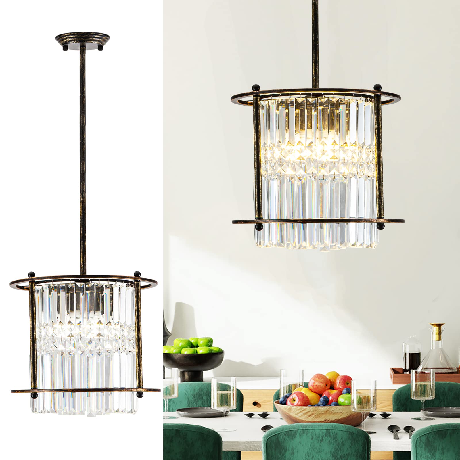 Crystal Pendant Light Fixture Black Gold Crystal Chandelier for kitchen Island 15.7'' Flush Mount Chandelier Hanging Light Farmhouse Chandelier for Living Room Bedroom Dinning Room Light Fixture