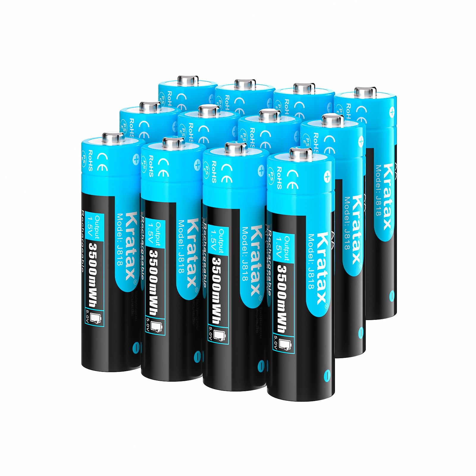 Kratax 1.5V AA Lithium Rechargeable Batteries, 12 Pack 3A High Capacity 3500mWh Li-ion Batteries, 1600 Cycles, Long Lasting, Constant Output for Controller, Toys, Remote Controls, Fast Charge