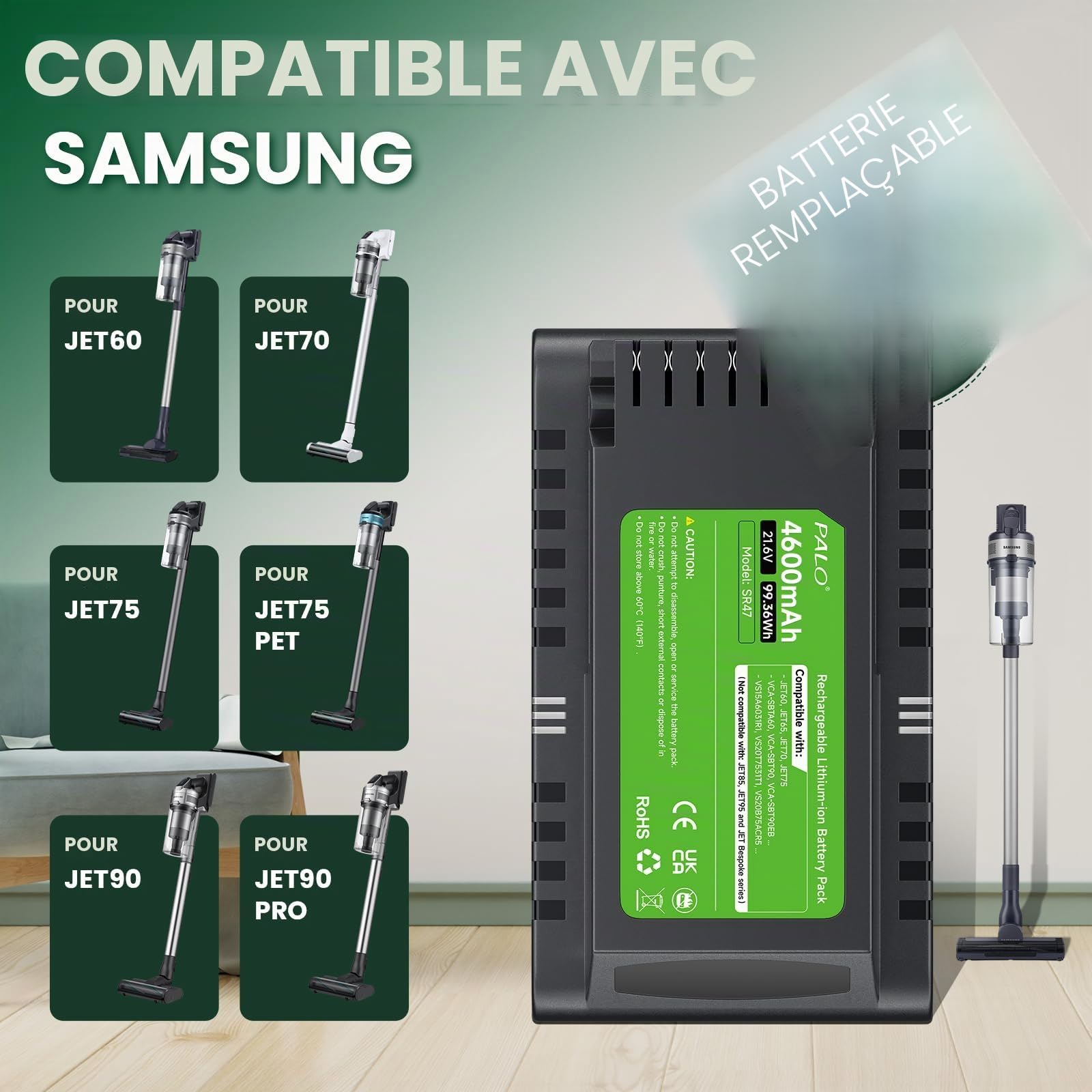 Batterie 4,6 Ah VCA-SBTA60 pour aspirateur sans fil Samsung JET60, JET65, JET70, JET75, JET90 Samsung modèle VCA-SBTA60 VCA-SBT90 VCA-SBT90EB