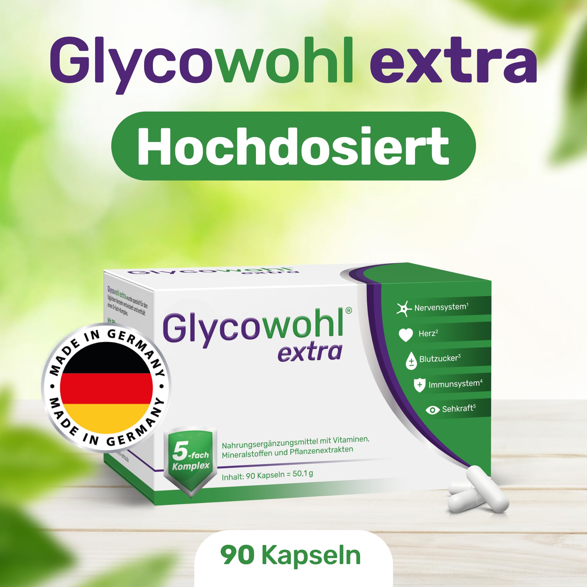 Glycowohl Extra Blutzucker Komplex – mit Chrom, OPC & Maulbeerblattextrakt | Chrom trägt zur Aufrechterhaltung eines normalen Blutzuckerspiegels bei · OPC, Maulbeerblatt, Vitaminen & CoQ10