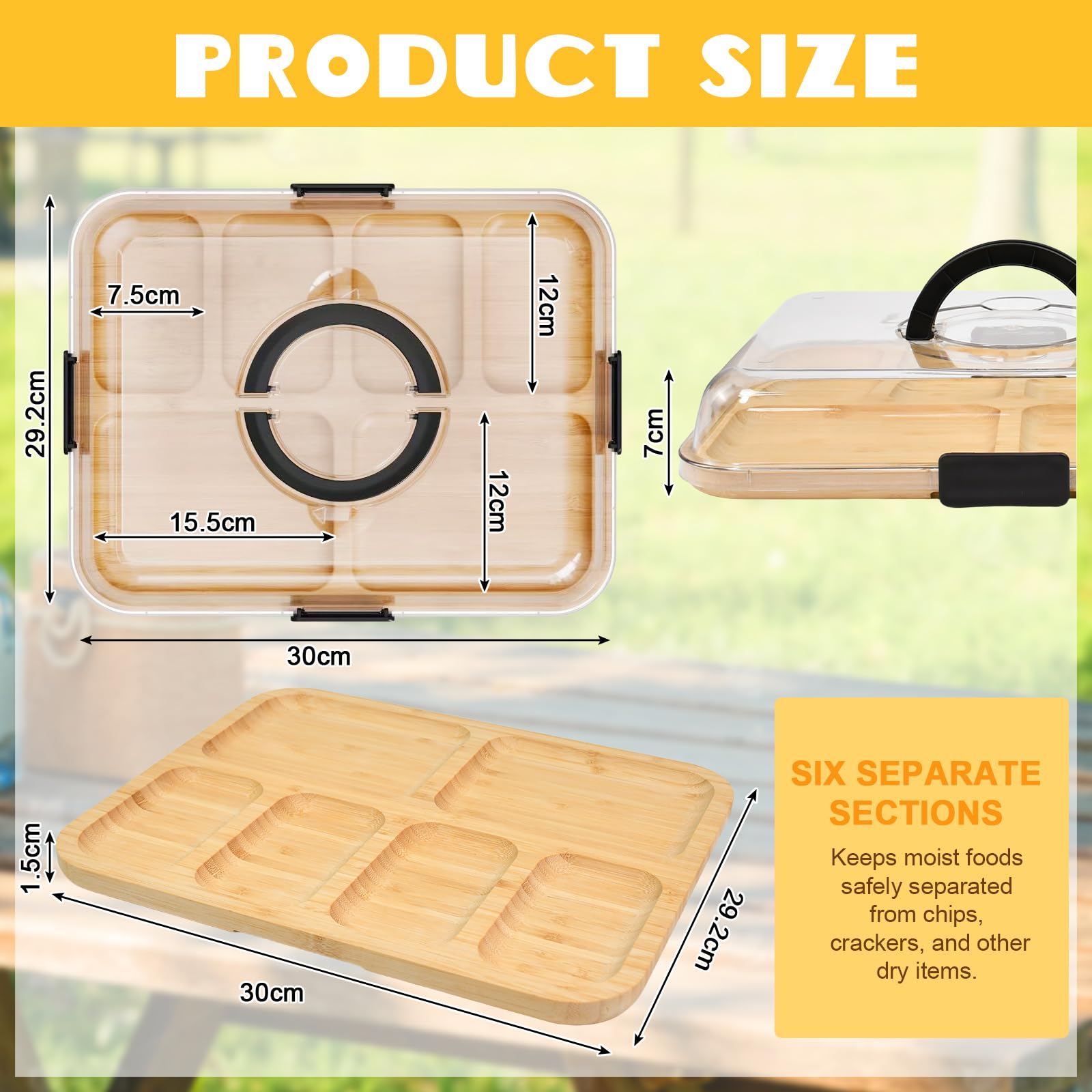 Charcuterie Board con coperchio, 36,7 cm, con manico, in bambù, con coperchio, vassoio da portata per formaggio, snack, antipasti, grande piatto per snack diviso, per picnic, feste, 2-4 persone