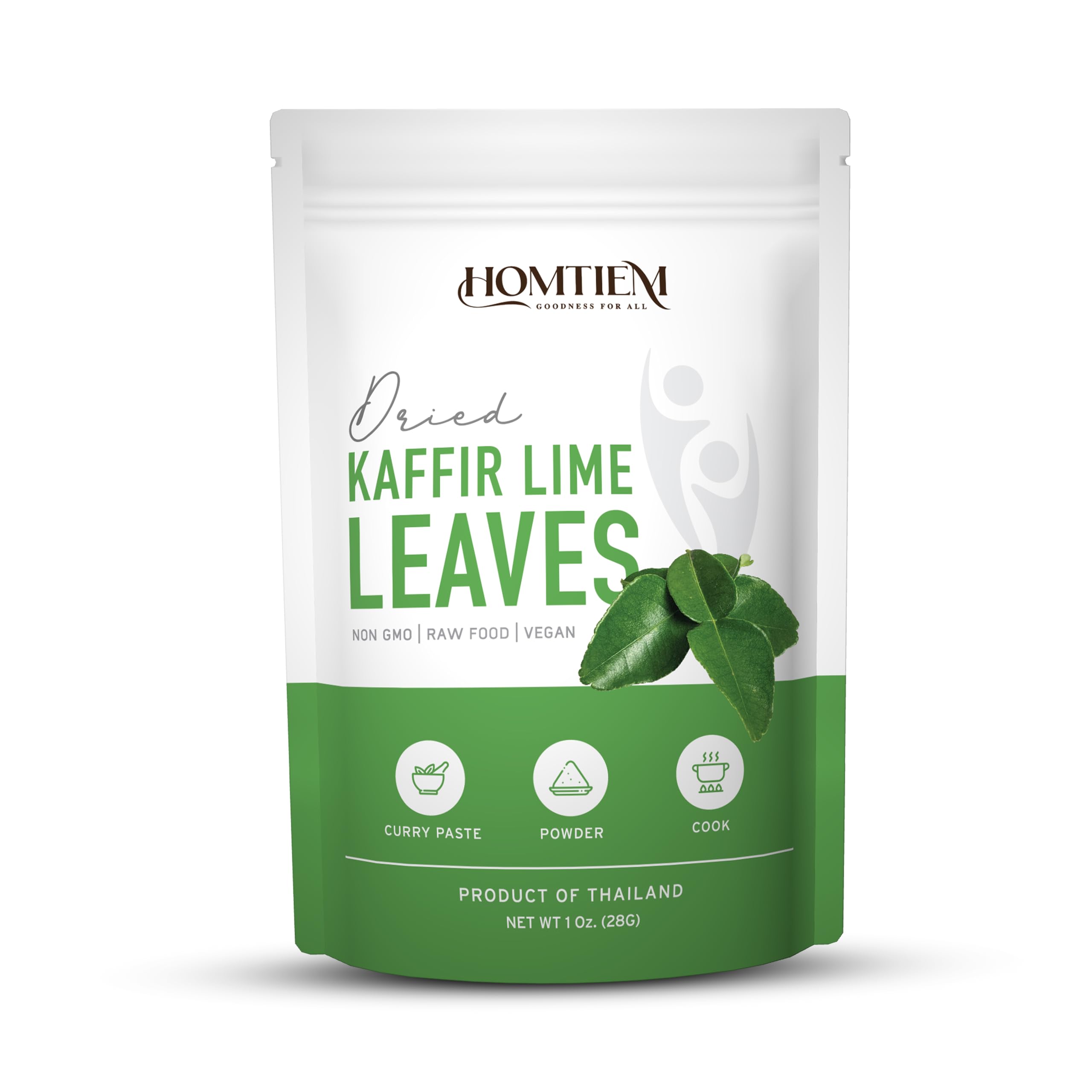 Homtiem Organic Dried Kaffir Lime Leaves 1oz (28g) Non-GMO, Chemical-Free, Pure Natural, Preserved Freshness, Vibrant Green & Aromatic