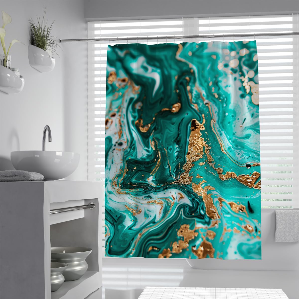 UIRINGART Artistic Shower Curtains W150xL200cm Emerald Jade Green Yellow Agate Fluid Pattern Mildew Mould Resistant Waterproof Fabric Bathroom Wet Room Tub
