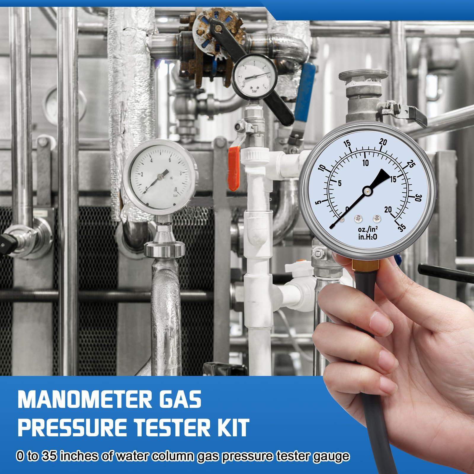 Boltigen Kit tester per la pressione del gas, manometro W.C da 0 a 35 pollici per gas naturale e propano, forno HVAC camino gas o valvola LP collettore kit di test di pressione con NPT da 0,3 cm