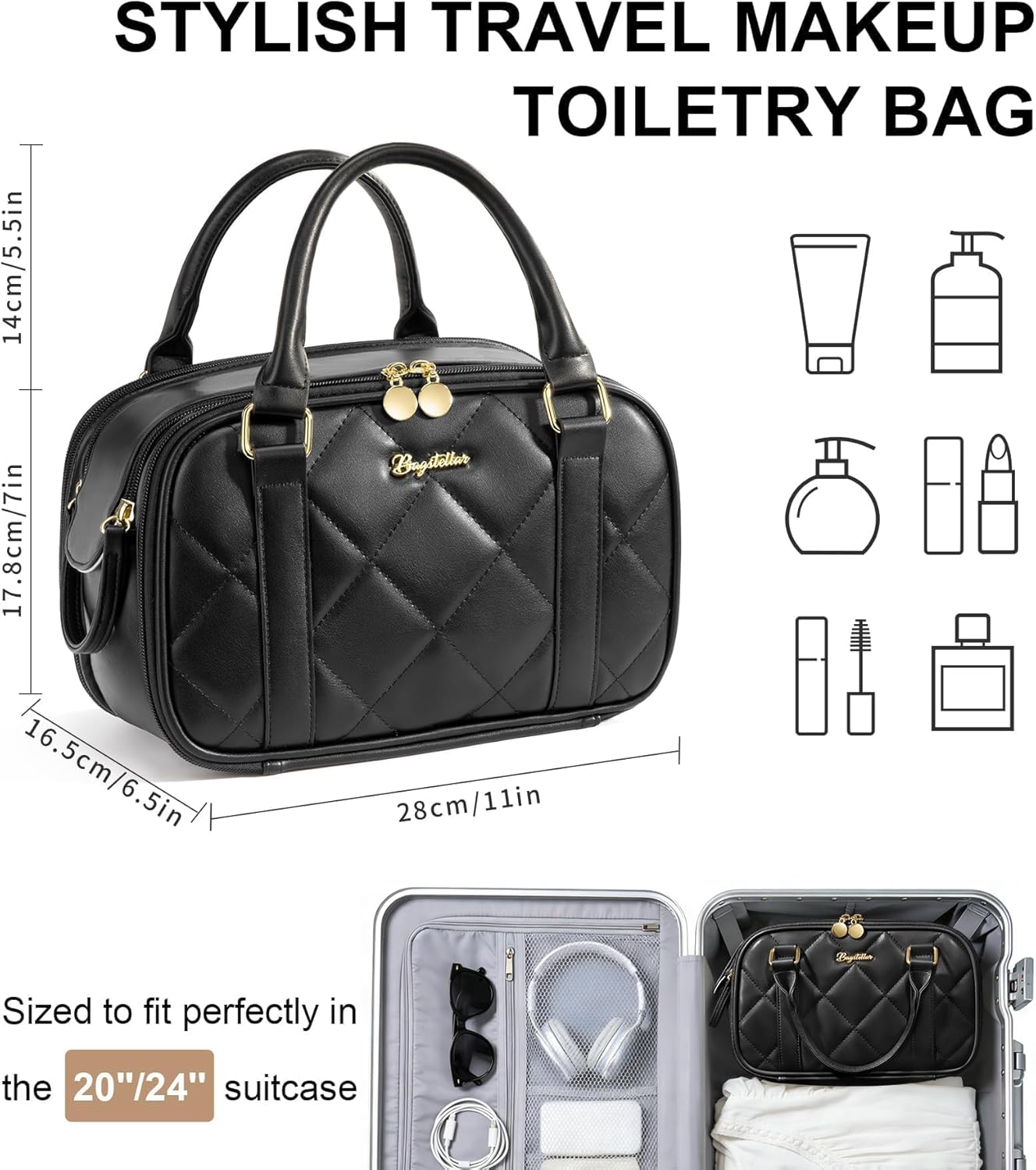 Travel Makeup Bag, Large Capacity Quilted Toiletry Bag for Women Stand-up Cosmetic Bag Open Flat Make Up Case Organizer Portable Pouch Purse w/Handle for Traveling Accessories, Black - Image 2