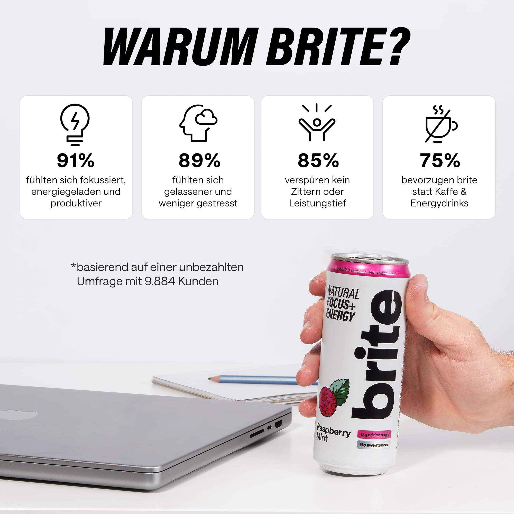 Brite Natural Focus. Energy-Drink & Kaffee-Alternative für mehr Produktivität. Pflanzlich, wissenschaftlich fundiert durch Neurowissenschaften. Kalorienarm, vegan, glutenfrei. Himbeere-Minze, 12 x 330