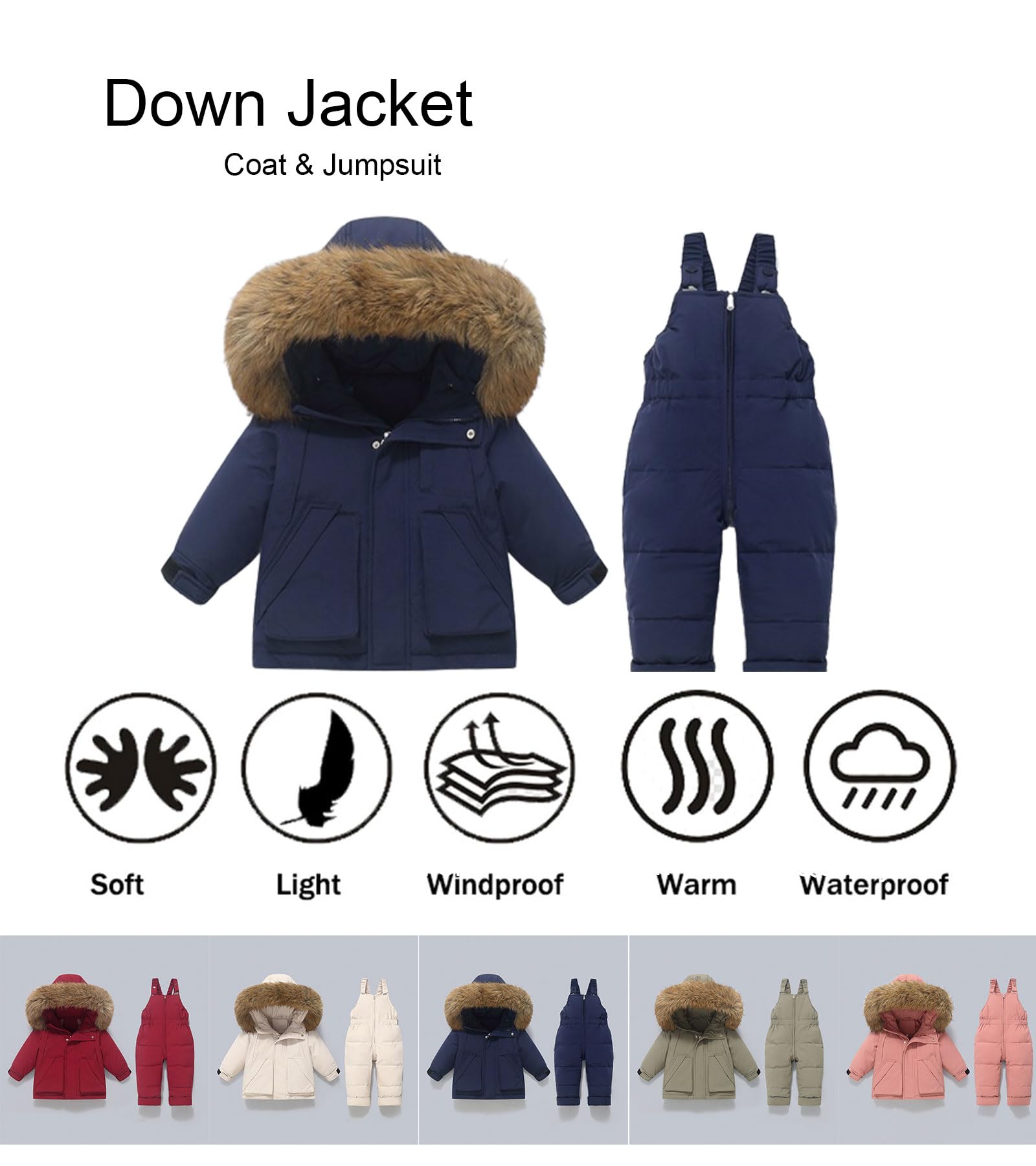 Tuta da Neve 2 Pezzi da Bambino Cappotto Piumino con Cappuccio e Saloppette da Neve Invernale Giacca Set Ragazza Impermeabile
