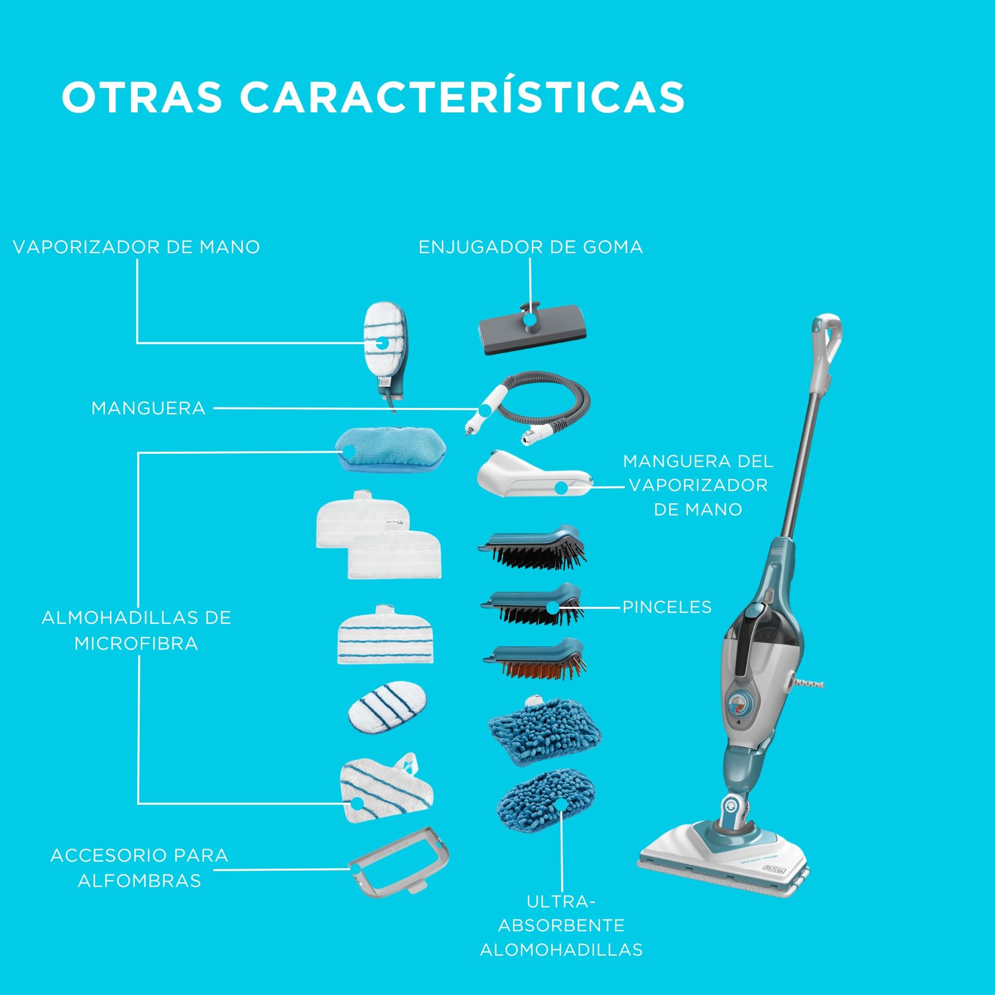 BLACK+DECKER Fregona a vapor y limpiador de mano multifunción 10 en 1 con guante y accesorios STEAMitt, BHSM1615DAM-QS