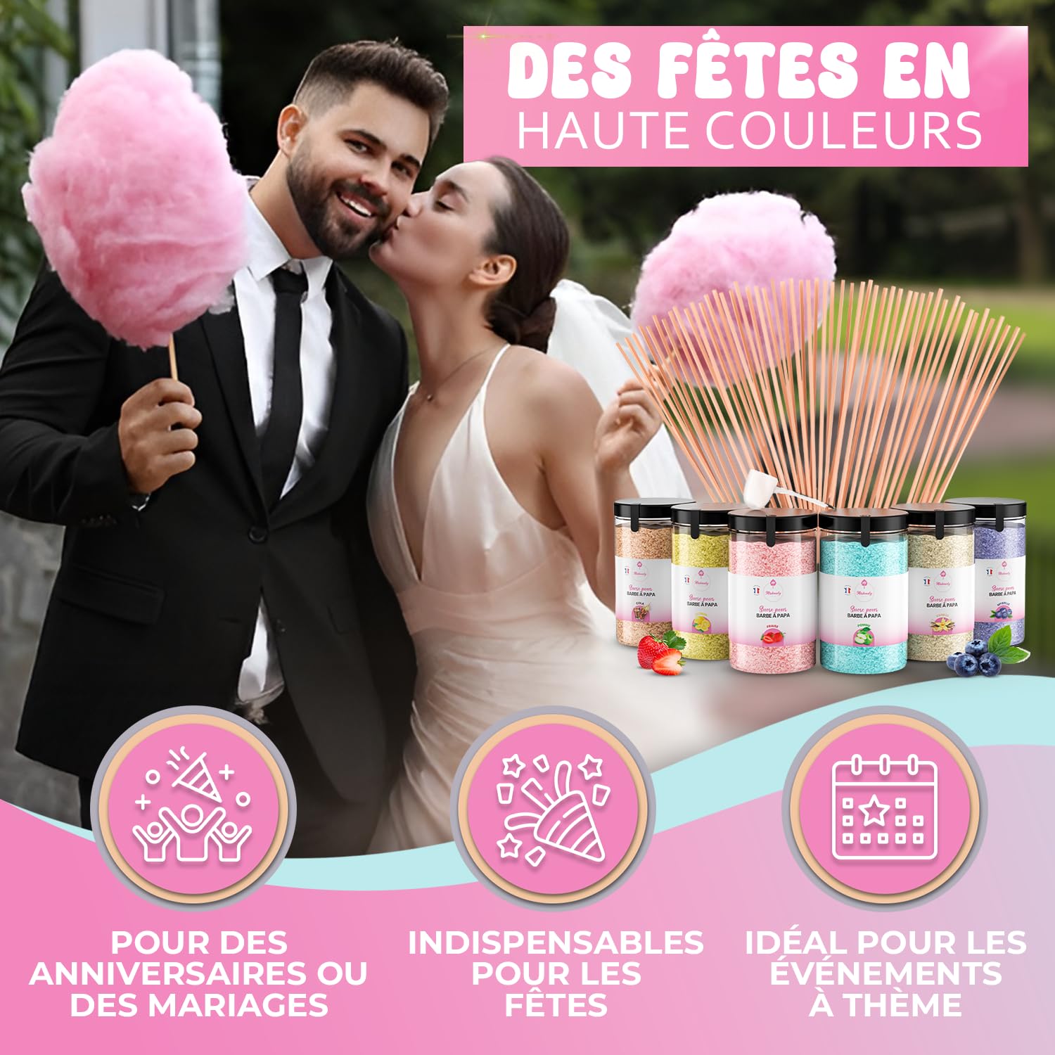 Misskandy® sucre barbe à papa pour machine- Lot de (6 * 240Gr) - (Arômes Naturels): Goûts: Fraise/Pomme/Cola/Myrtille/Vanille/Citron/poudre barbapapa+ 50 bâtonnets (offerts)/ Fabriqué en France