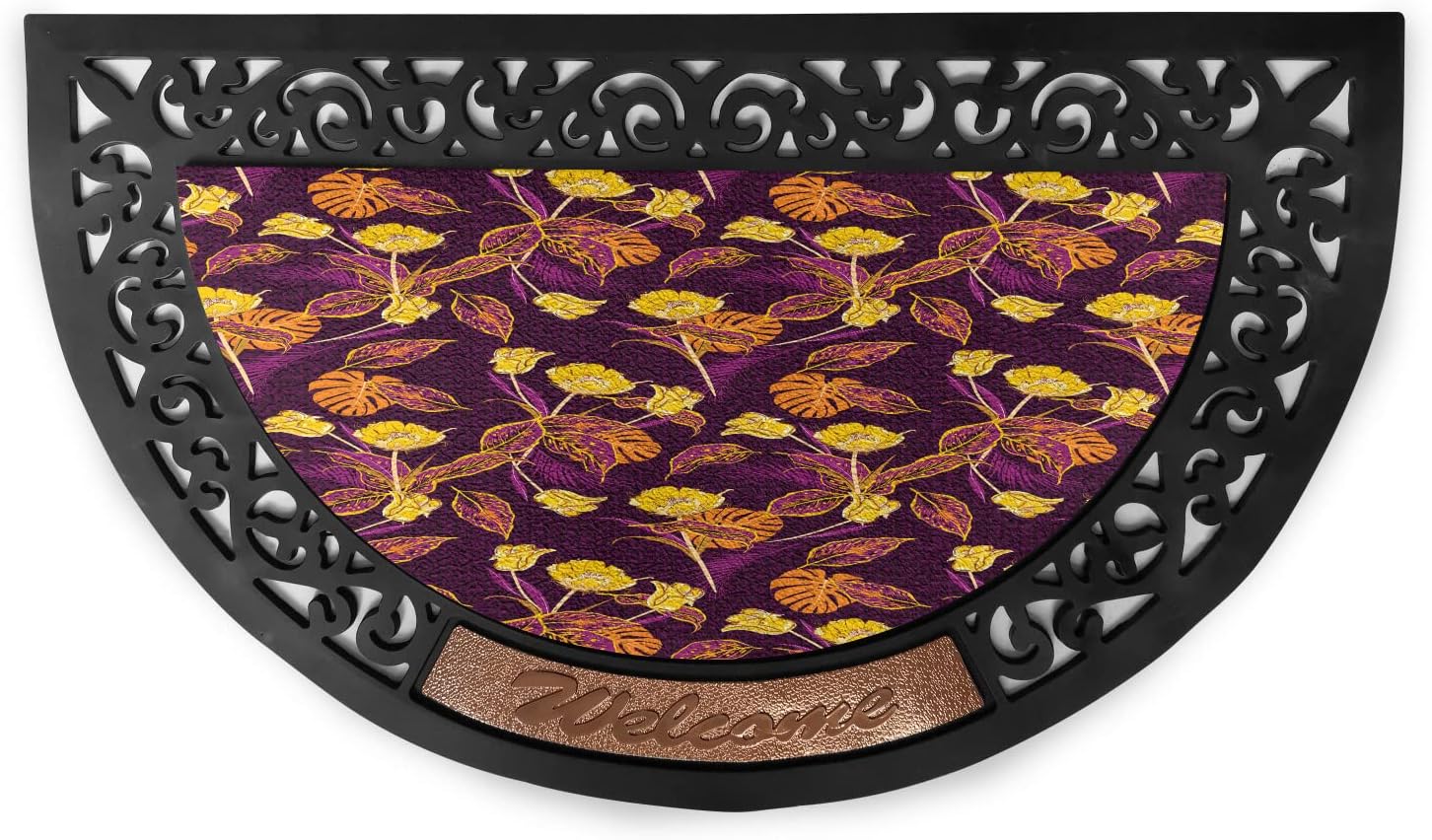 LunarableExotic Doormat, Tropical Contrast Toned Blossoms Wildflowers Peony Jungle Flourish, Semi Circle Entryway Welcome Mat for Front & Backard 2 Pieces, 19.6" x 31.4", Purple Orange and Mustard