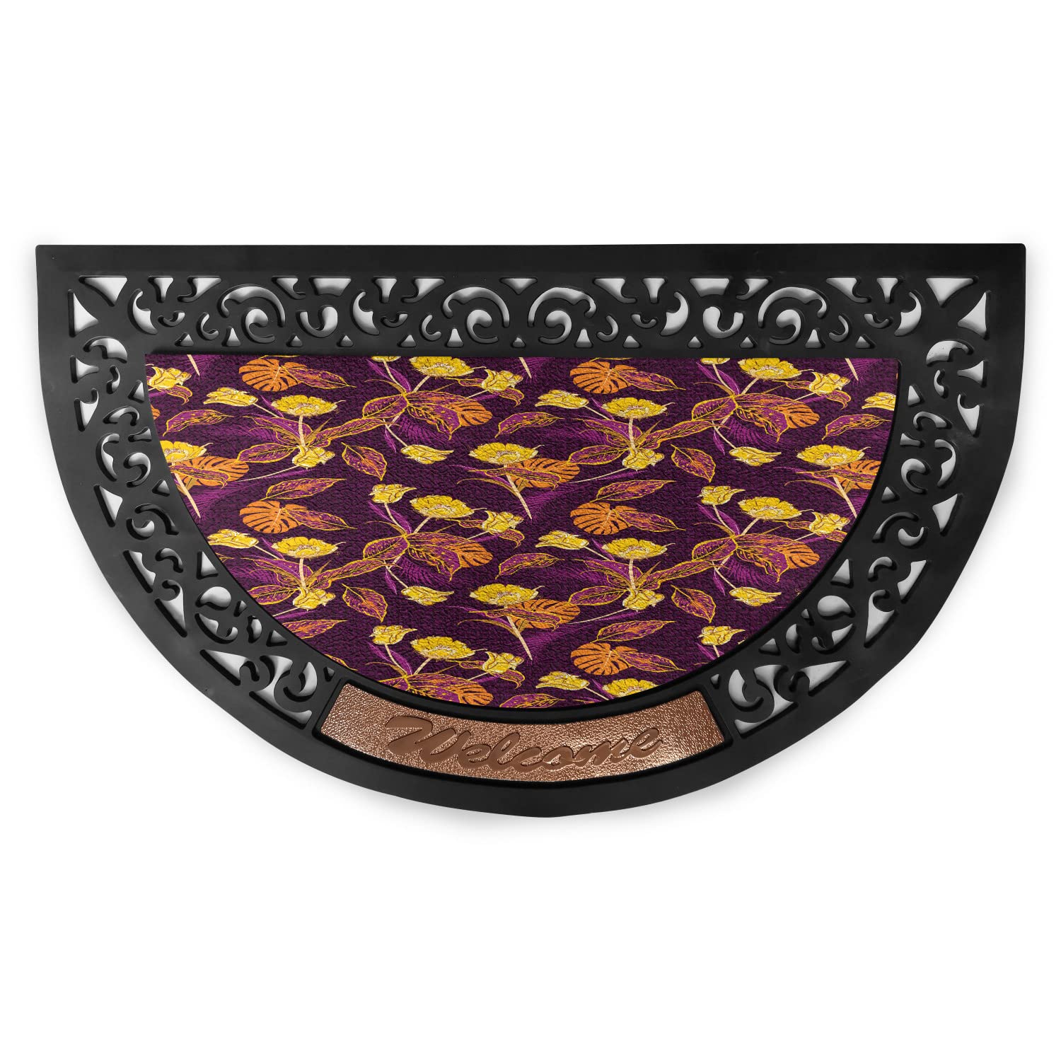 LunarableExotic Doormat, Tropical Contrast Toned Blossoms Wildflowers Peony Jungle Flourish, Semi Circle Entryway Welcome Mat for Front & Backard 2 Pieces, 19.6" x 31.4", Purple Orange and Mustard