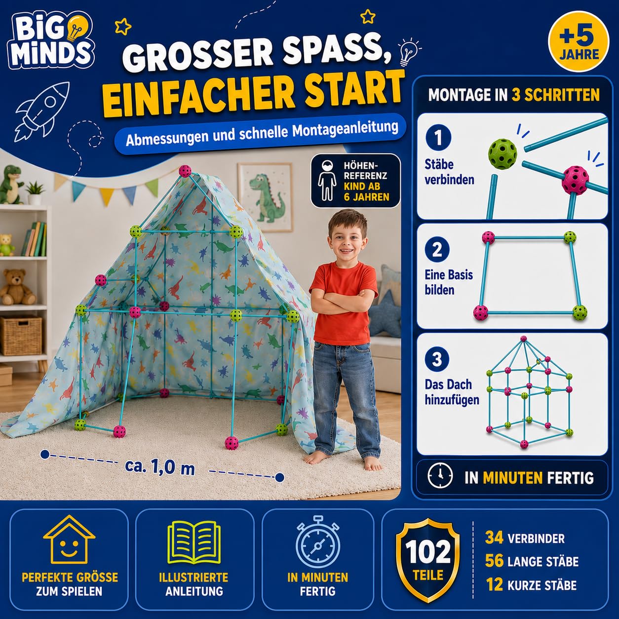 Höhle Bauen Kinder XL | Outdoor Spiele Für Kinder | Konstruktionsspielzeug 102 Stück | Kinderzelt Indoor Stem | Outdoor Spielzeug | Spielzeug Ab 6 Jahre Jungen