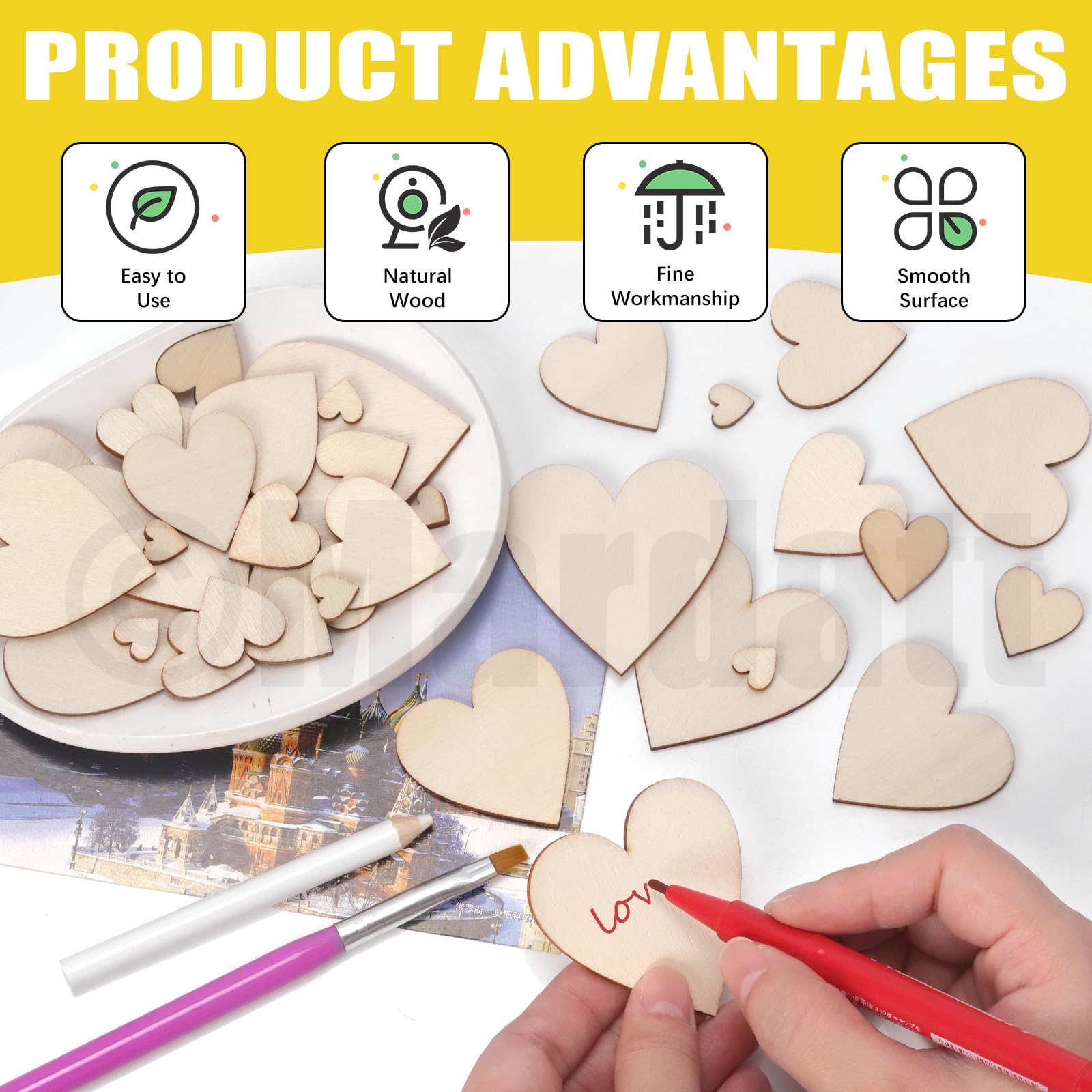 Mardatt 300Pcs 5 Sizes Unfinished Wooden Hearts for Crafts Wood Heart Cutouts Wood Heart Slices - Image 4