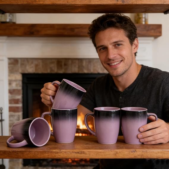 Coffee Cup Set 6-12oz Large Handle Ceramic Cup, Matte Black Coffee Cup, Suitable for Coffee, Soup, Tea, Milk, Latte, Hot Cocoa, Women, Men,Mug Sets. (Pink Purple)