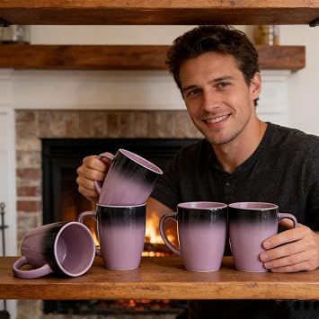 Coffee Cup Set 6-12oz Large Handle Ceramic Cup, Matte Black Coffee Cup, Suitable for Coffee, Soup, Tea, Milk, Latte, Hot Cocoa, Women, Men,Mug Sets. (Pink Purple)