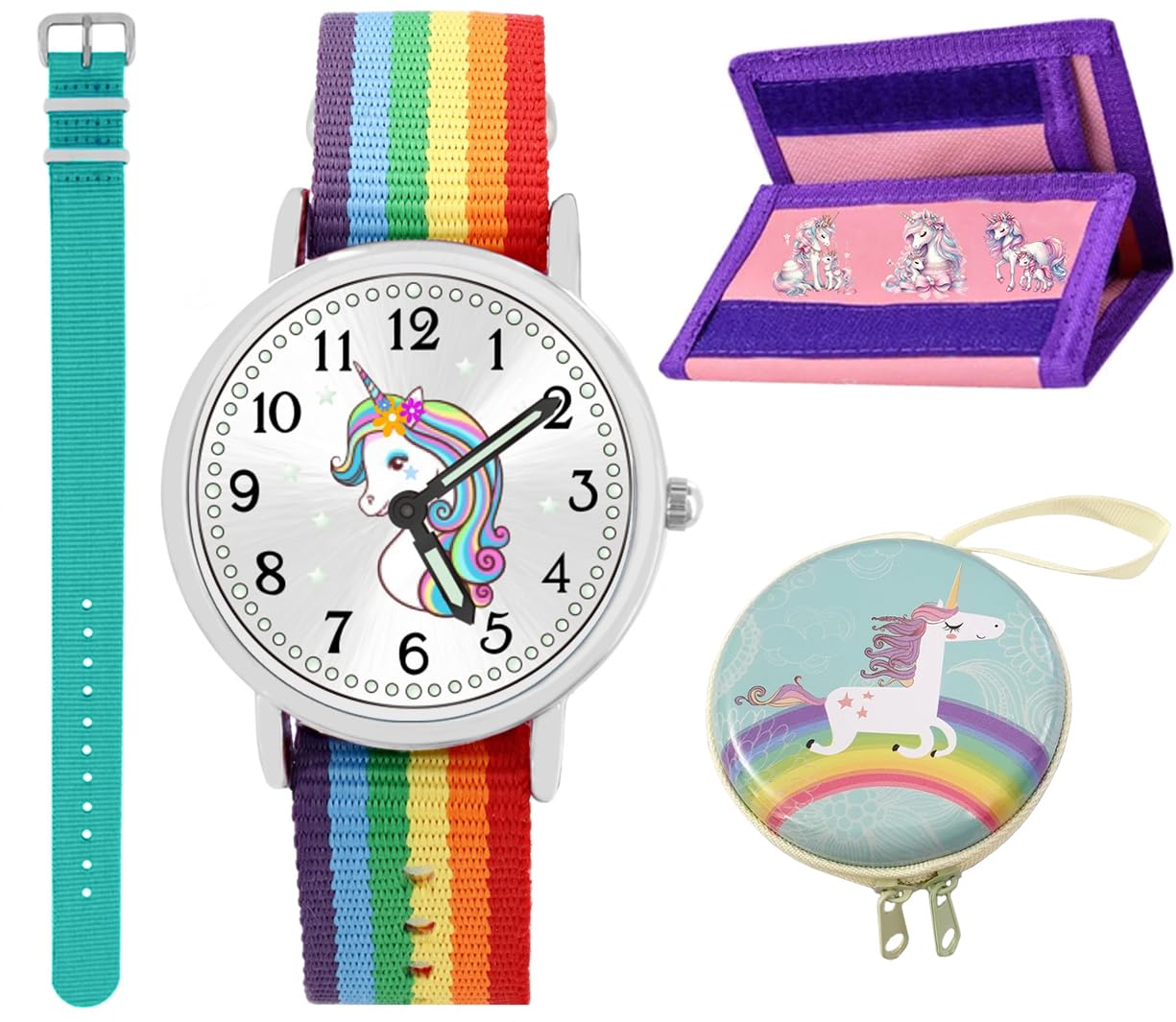 großes 6tlg Geschenk Set Einhorn Armbanduhr Mädchen wasserdicht Geldbörse Kugelschreiber Motivdose 2 Armbänder