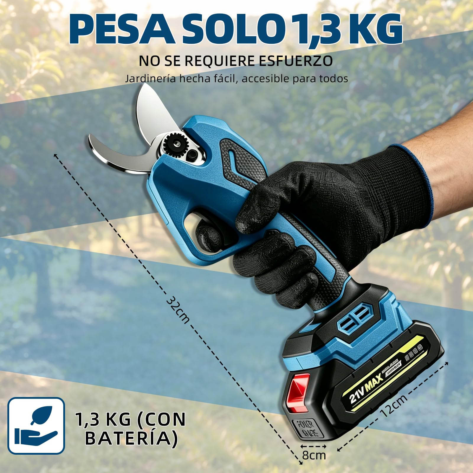 Tijeras de podar eléctricas profesionales de 40 mm de diámetro, cuchillas SK5, dos baterías de litio de 2000 mAh, pantalla LCD, motor sin escobillas, incluye sierra, guantes y piedra de afilar. Juego