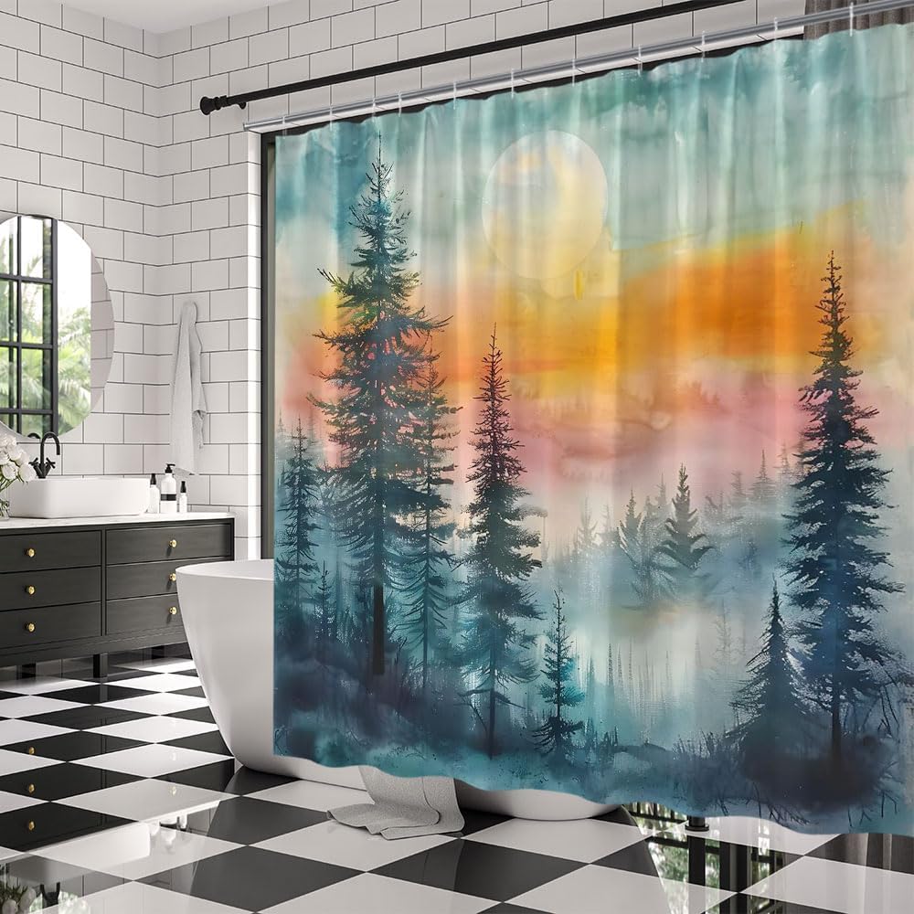 Watercolor Misty Forest Shower Curtain Abstract Foggy Jungle Pine Woods Tree Mountain Sunset Natural Scenery Landscape Fabric Bathroom Decor Curtains with Hooks,70 x 90