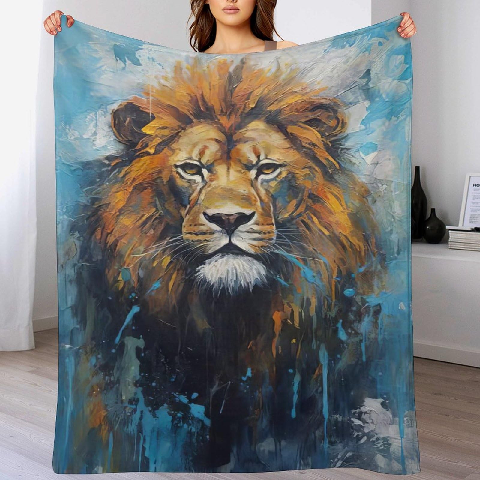 Couverture polaire lion en flannel douce finition premium pour lit