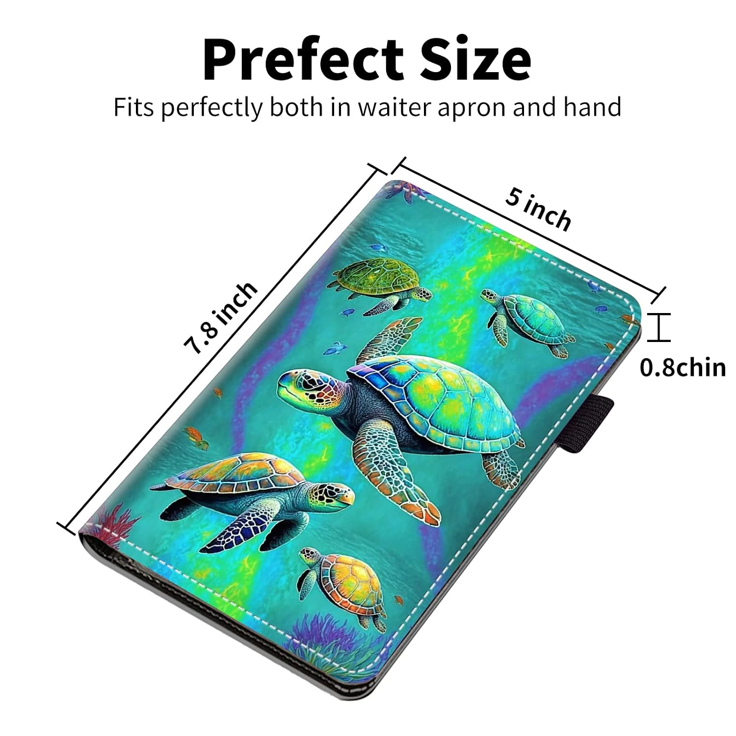 5x8" Server Book for Waitress with Zipper Pocket, Sea Turtle | Soft PU Leather Organizer Fits Guest Checks and Server Aprons, 7 Pockets Secure Cash, Coins, Cards, Receipts and Pens.