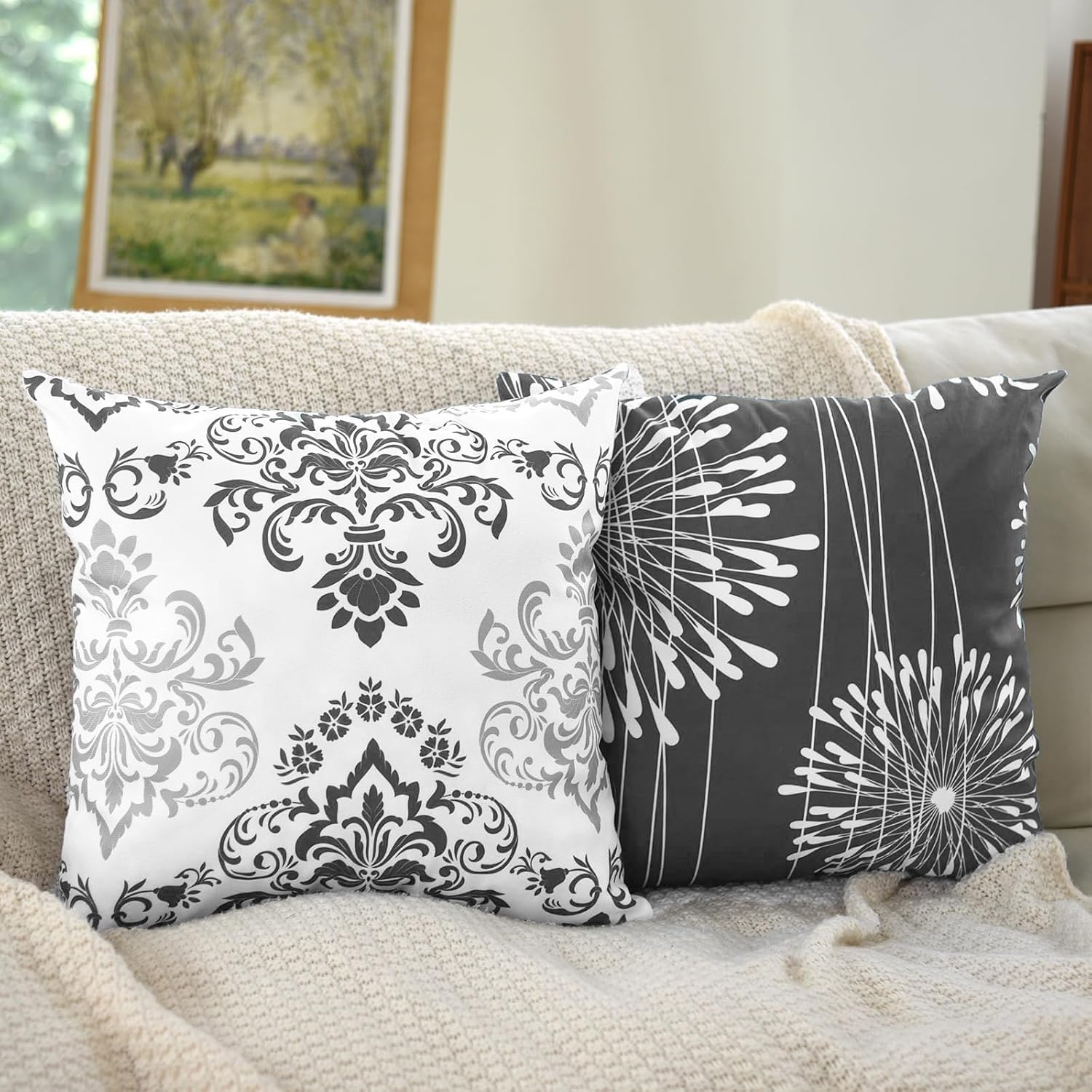 Coliuso Decorative Throw Pillow Covers 20x20 Set of 4, Dark Grey and White Modern Simple Square Pillow Case Cushion Cover for Sofa Couch Farmhouse Outdoor Living Room