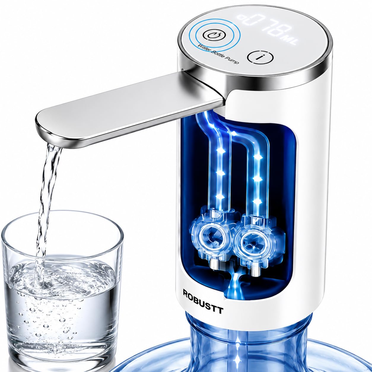 Robustt Smart Automatic Water Dispenser Pump for 20 Litre Water Bottle | USB Type-C Rechargeable Electric Water Can Dispenser | Touch LED Display | Foldable Spout | White-picture-15