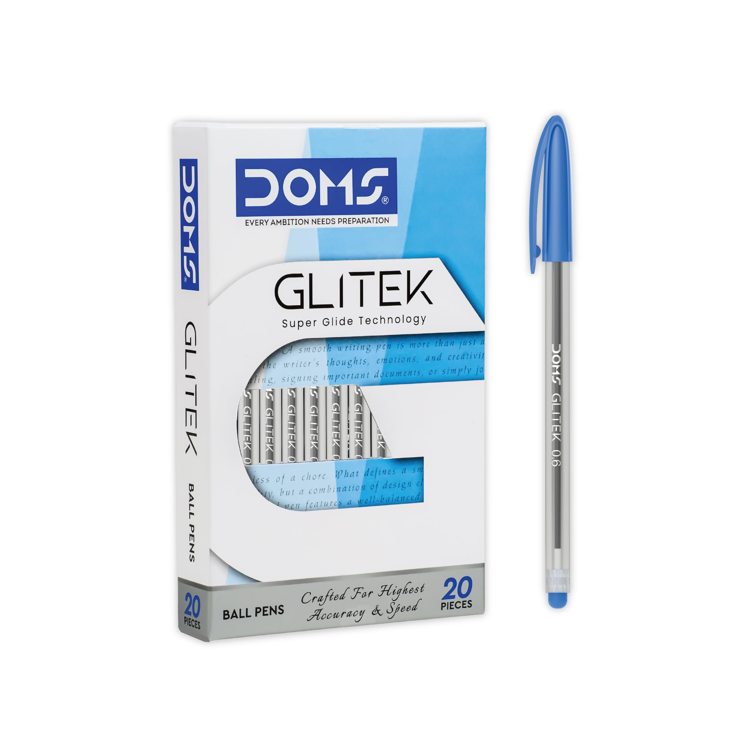 Doms Glitek 0.6mm Ballpoint Pens | Pack of 20 Pens | Smooth Writing Fine Tip Ball Pen | Best Pens for Students (Exams & Notes), Office & School Use (Blue)-image-30