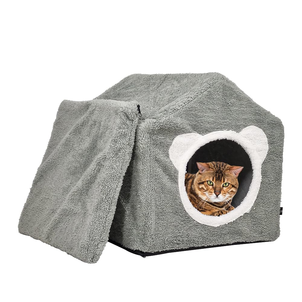 Pet Shop In Dragon Mart Cat bed cushion House-design cat shelter with a removable soft mat, for medium to large sized cats, Detachable, Easy to cleans and assemble, Anti-slip bottom 42 cm (Grey)