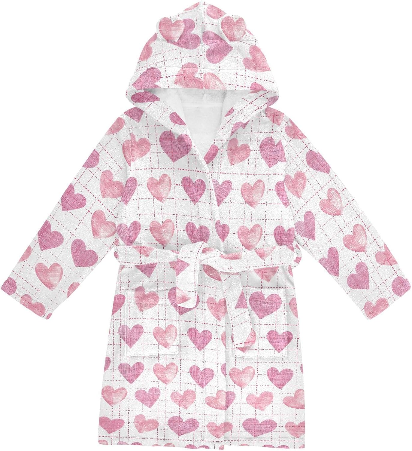senya Pink Hearts with A Grid Toddler Hooded Bathrobe Kids Soft Plush Bath Towel Robes for Boys Girls 2-12 Years