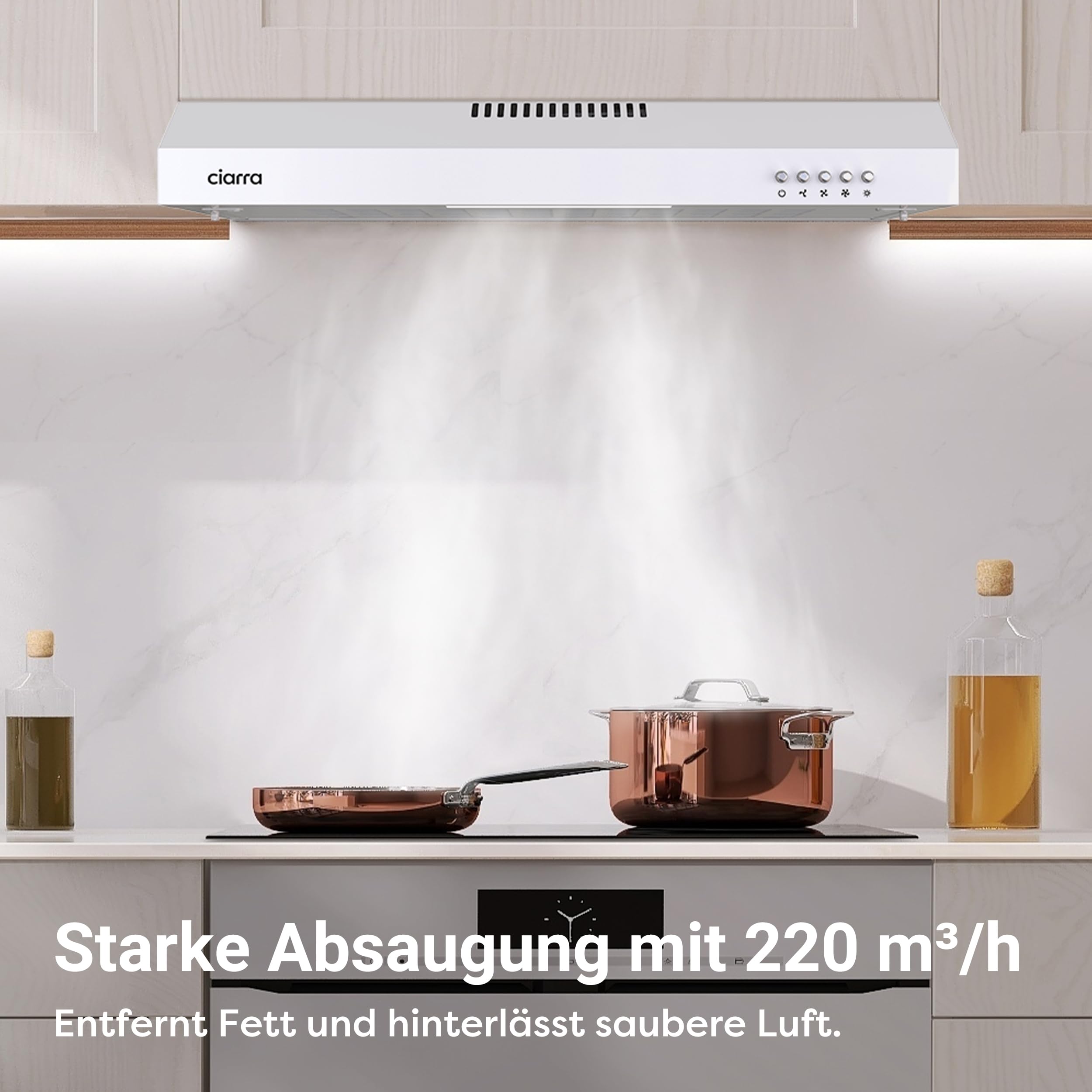 CIARRA Dunstabzugshaube Unterbauhaube 60cm Unterbau 3 Leistungsstufen | 220 m³/h für kleine Küchen in Wohnungen Abluft Umluft Integrierte Unterschrank Umlufthaube, Fettfilter LED-Beleuchtung, Weiß