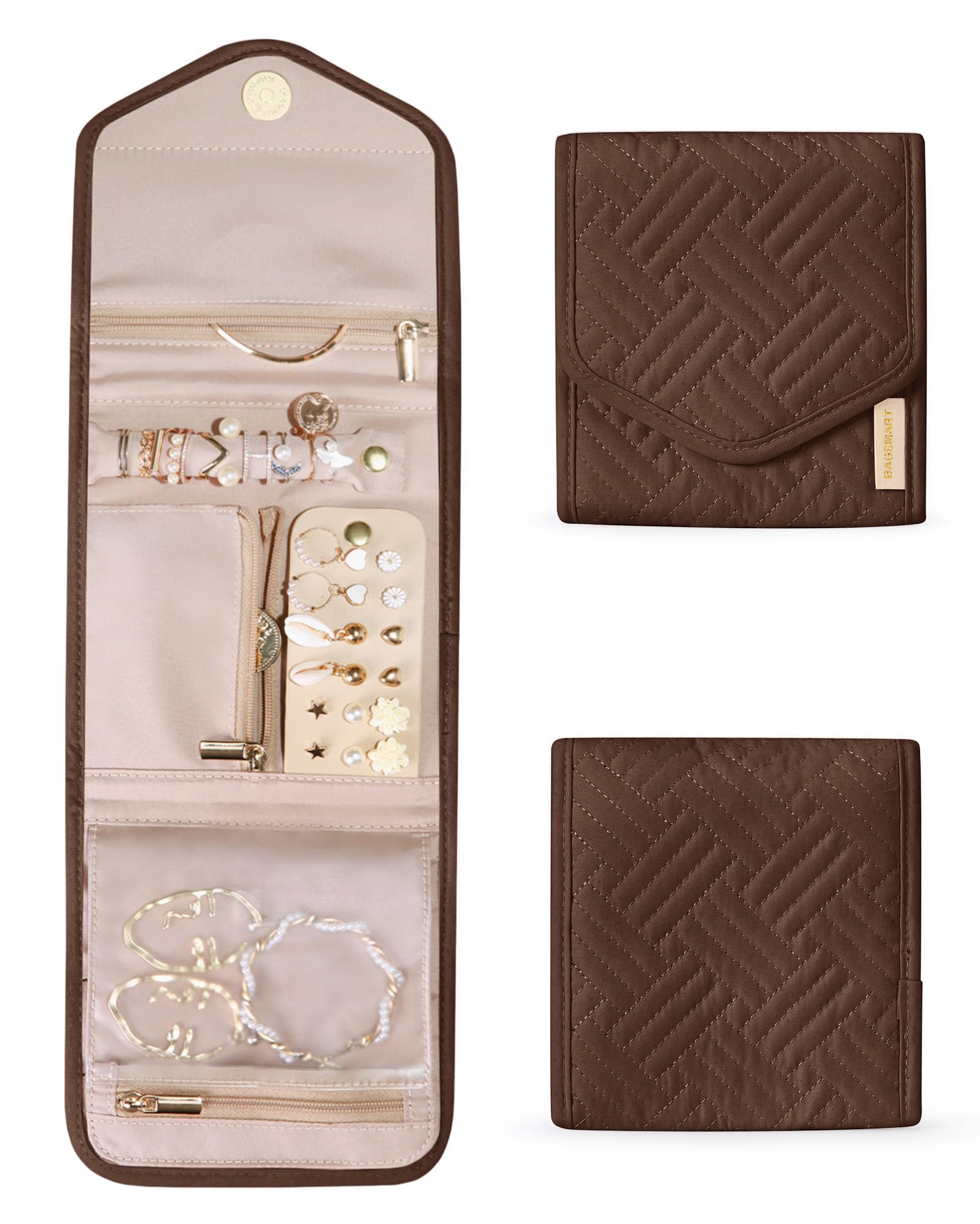 BAGSMART Travel Jewelry Organizer Case Foldable Jewelry Roll, Coffee Brown