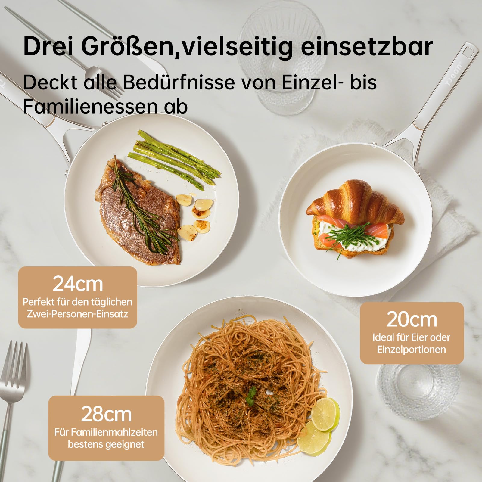 Tjean Antihaft Keramikpfannenset (Ohne PFTE, PFOA, PFAS) mit Edelstahlgriff, geeignet für Induktions-, Gas-, Elektrokochfelder und den Ofen bis 280°C (Cremefarben, 20+24+28cm)