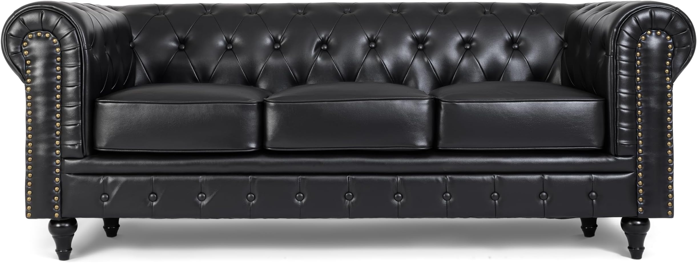 Bravich Chesterfield Faux Leather Sofa Black 3 Seater 205 x 90 x 78 cm,