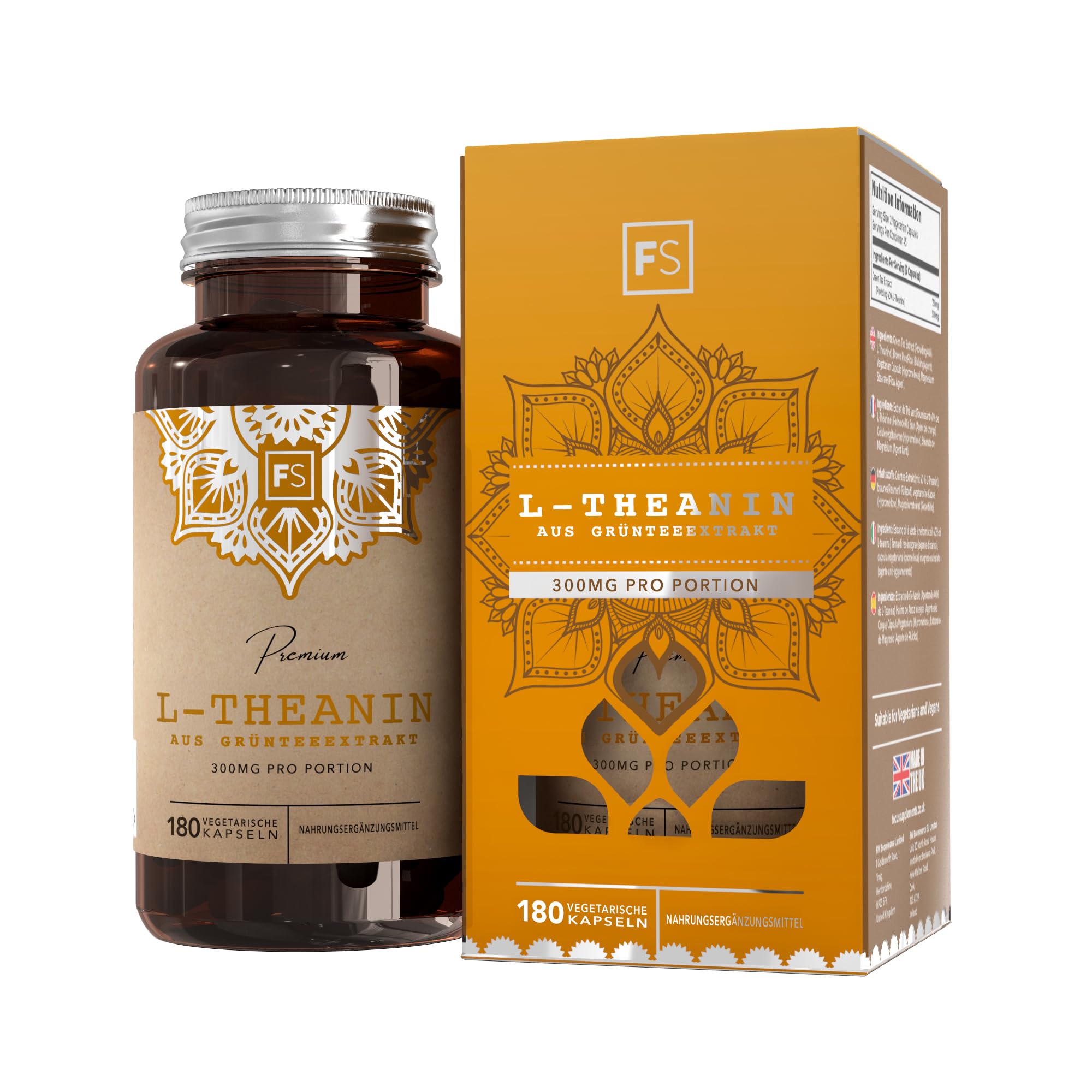 FS L-Theanine | Hochdosiertes Grüntee-Extrakt 750mg L-Theanin - 180 Kapseln pro Packung | L-Theanine für Stressreduktion